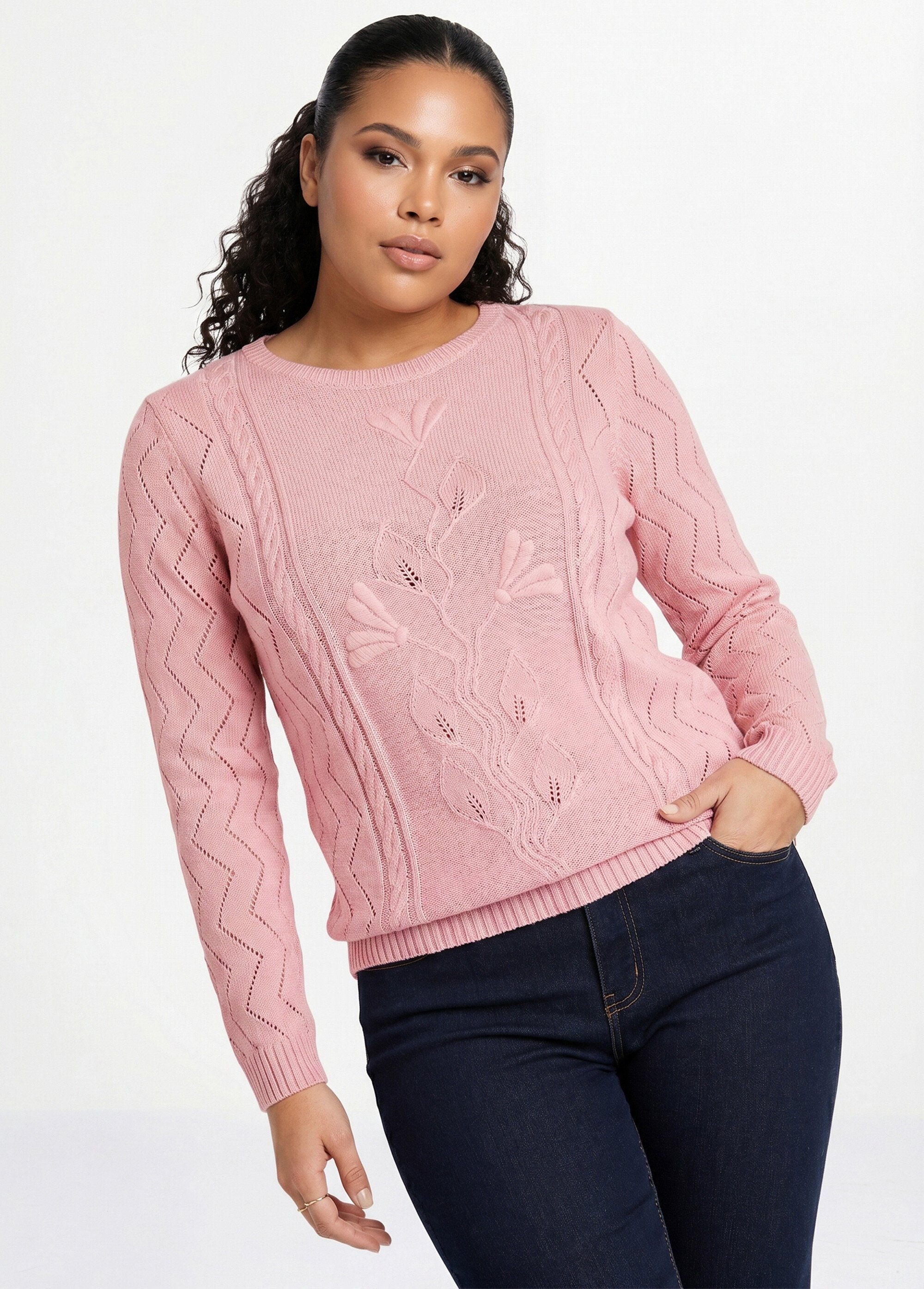Pull court ajouré torsades Femme Grande Taille Rose MIGNON MV1