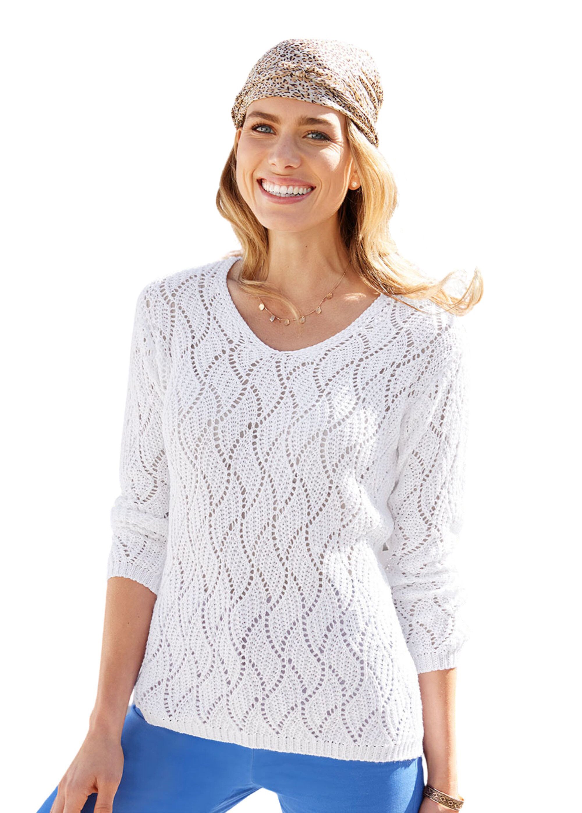 Pull maille fantaisie ajourée col V