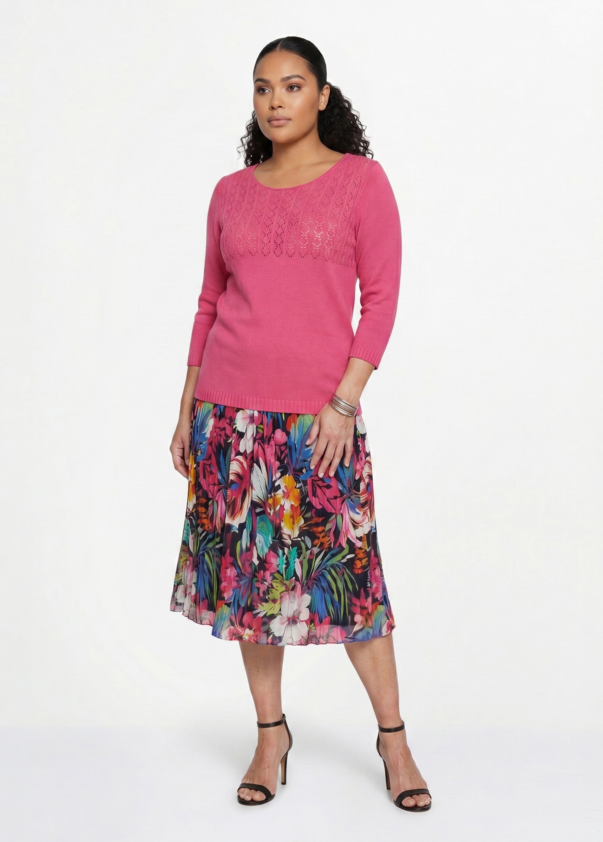 Pull manches 3/4 ajouré Femme Grande Taille Rose MINA SI1