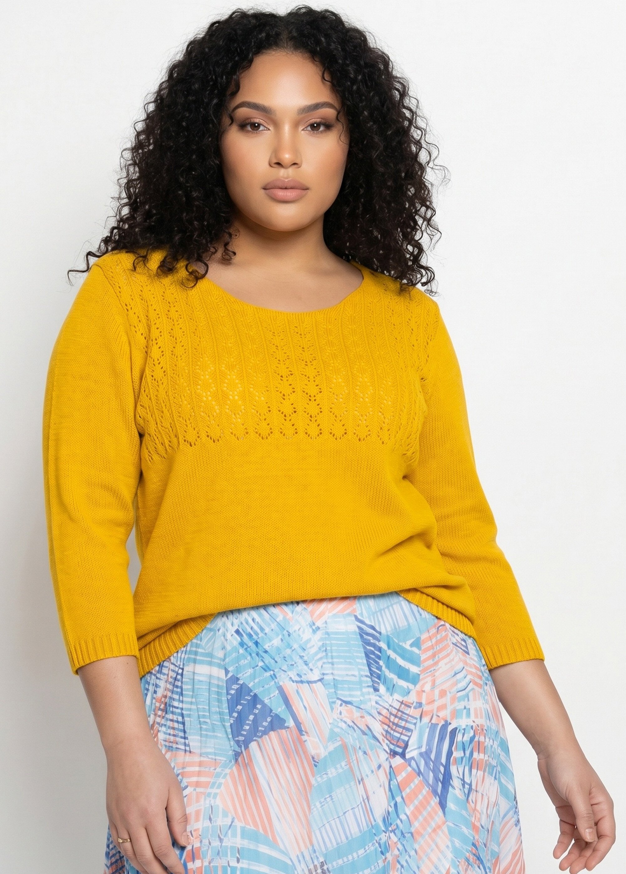 Pull manches 3/4 ajouré Femme Grande Taille Jaune MINA MV1