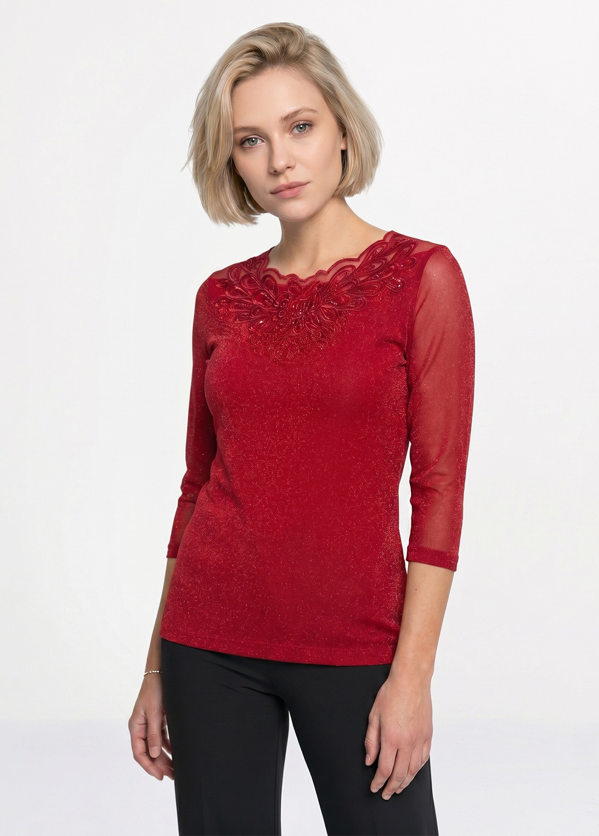 T-shirt manches 3/4 brodé brillant Femme Rouge CEDRE FA1