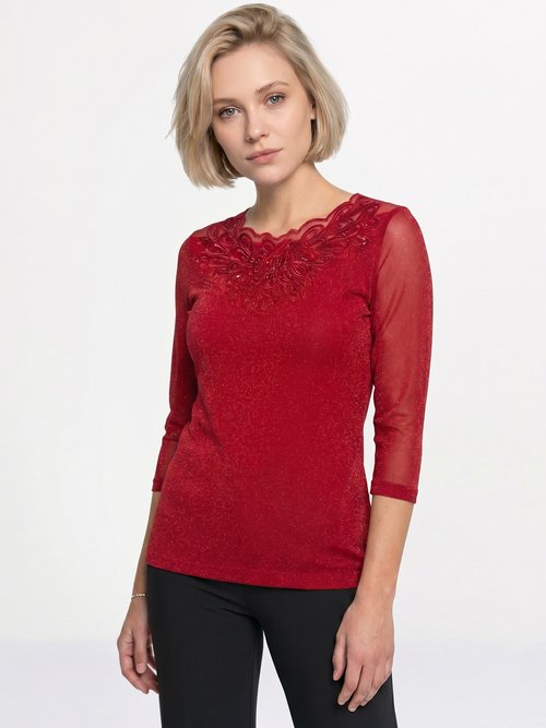 T-shirt manches 3/4 brodé brillant Femme Rouge CEDRE FA1