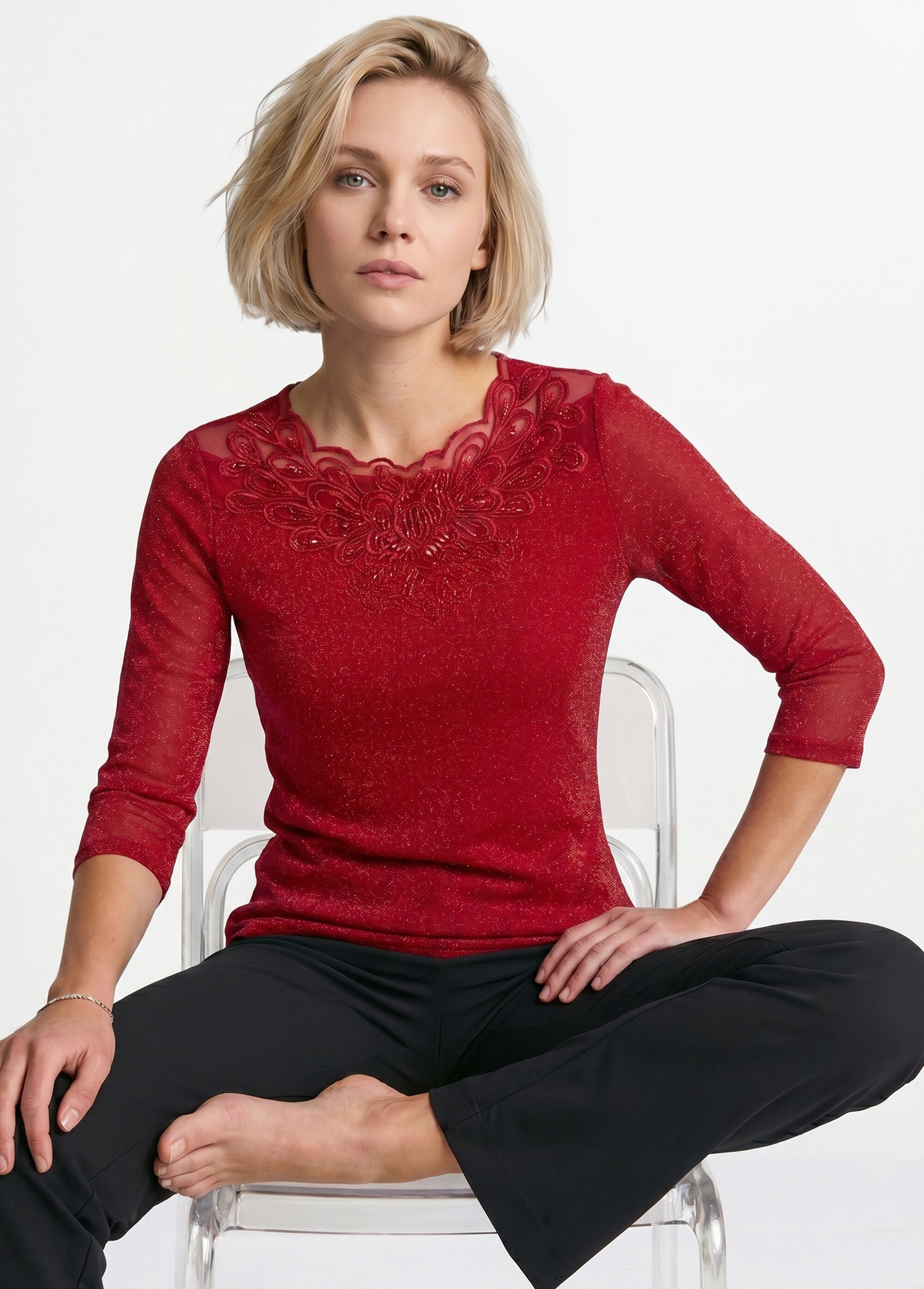 T-shirt manches 3/4 brodé brillant Femme Rouge CEDRE MV1