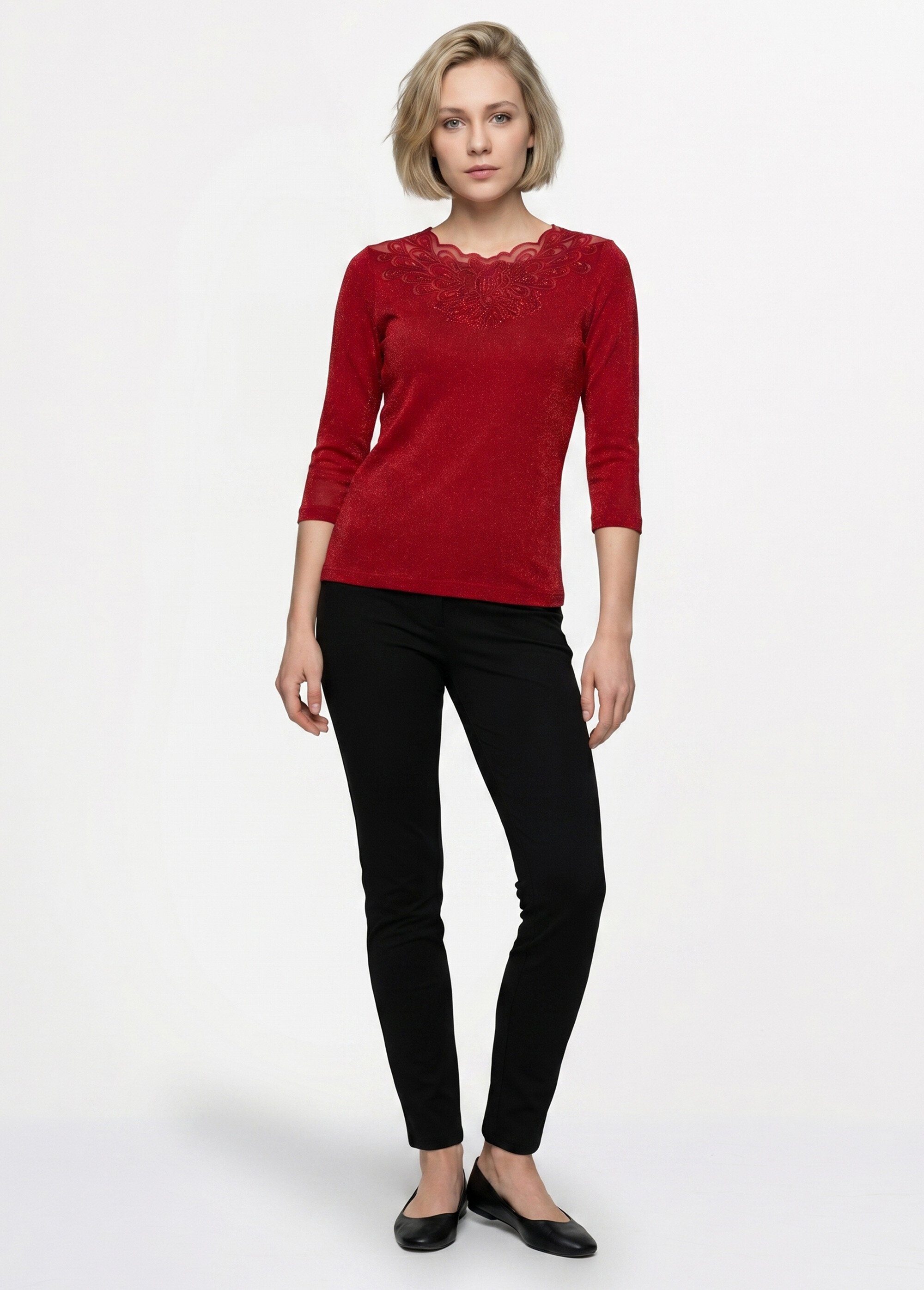 T-shirt manches 3/4 brodé brillant Femme Rouge CEDRE SI1