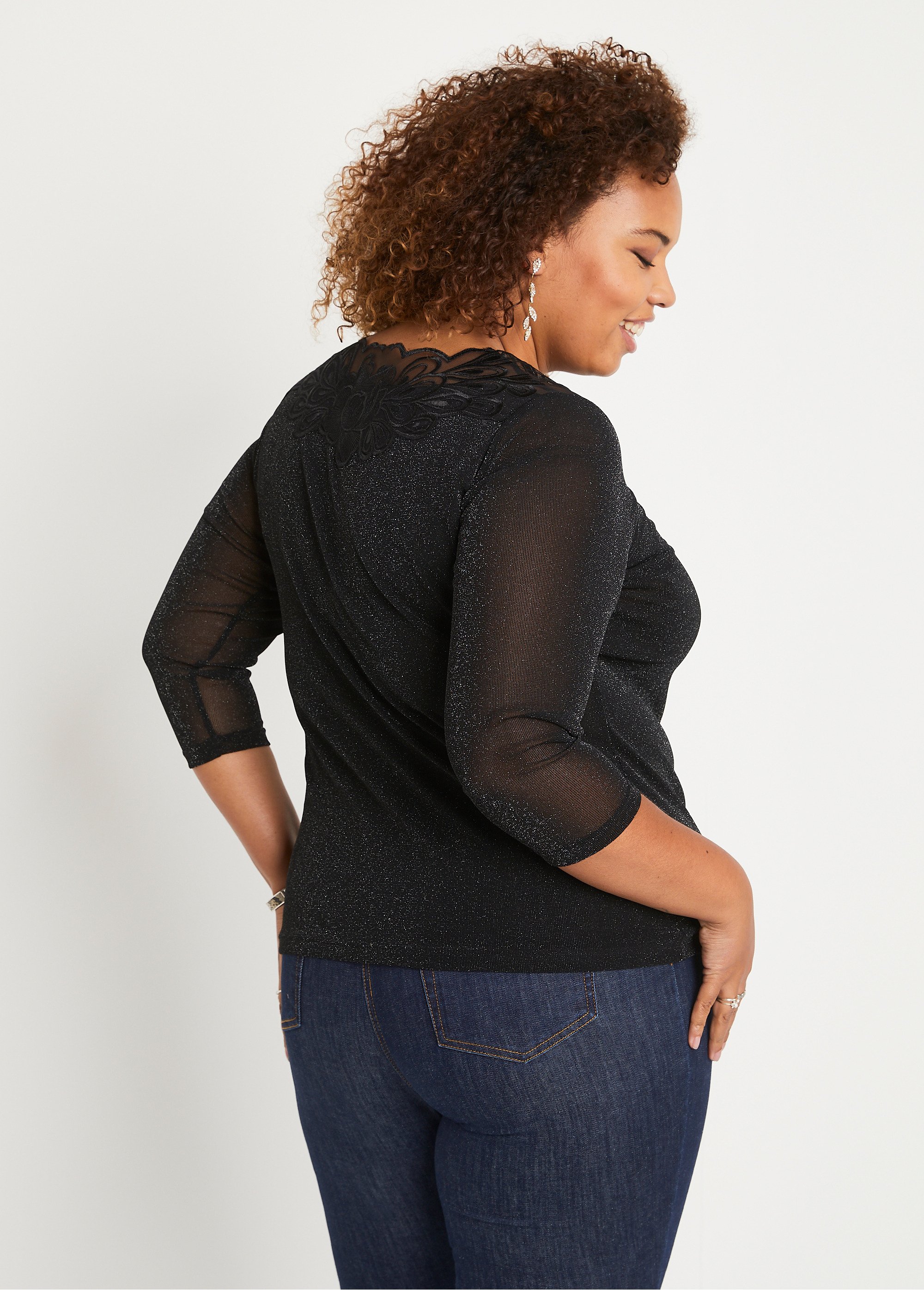 T-shirt manches 3/4 brodé brillant Femme Grande Taille Noir CEDRE DO2
