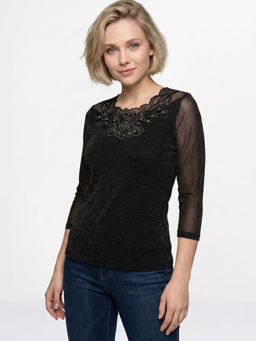 T-shirt manches 3/4 brodé brillant Femme Noir CEDRE FA1