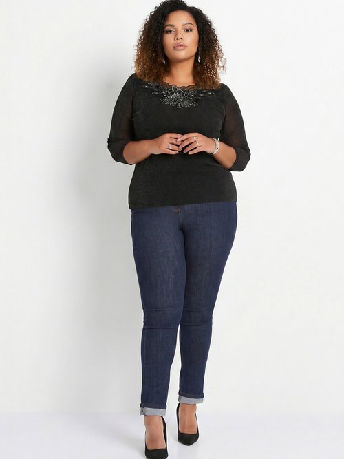 T-shirt manches 3/4 brodé brillant Femme Grande Taille Noir CEDRE SI1