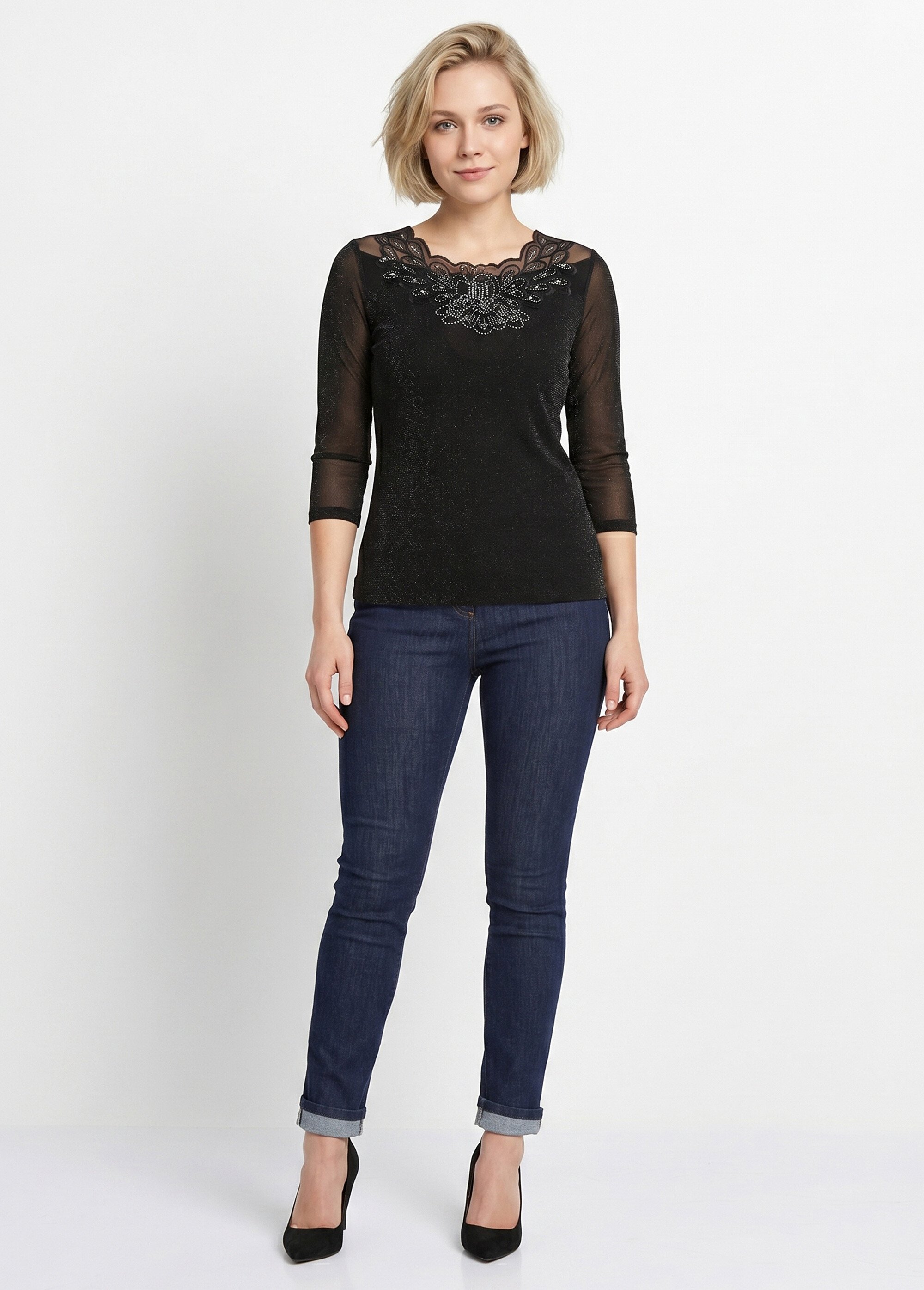 T-shirt manches 3/4 brodé brillant Femme Noir CEDRE SI1