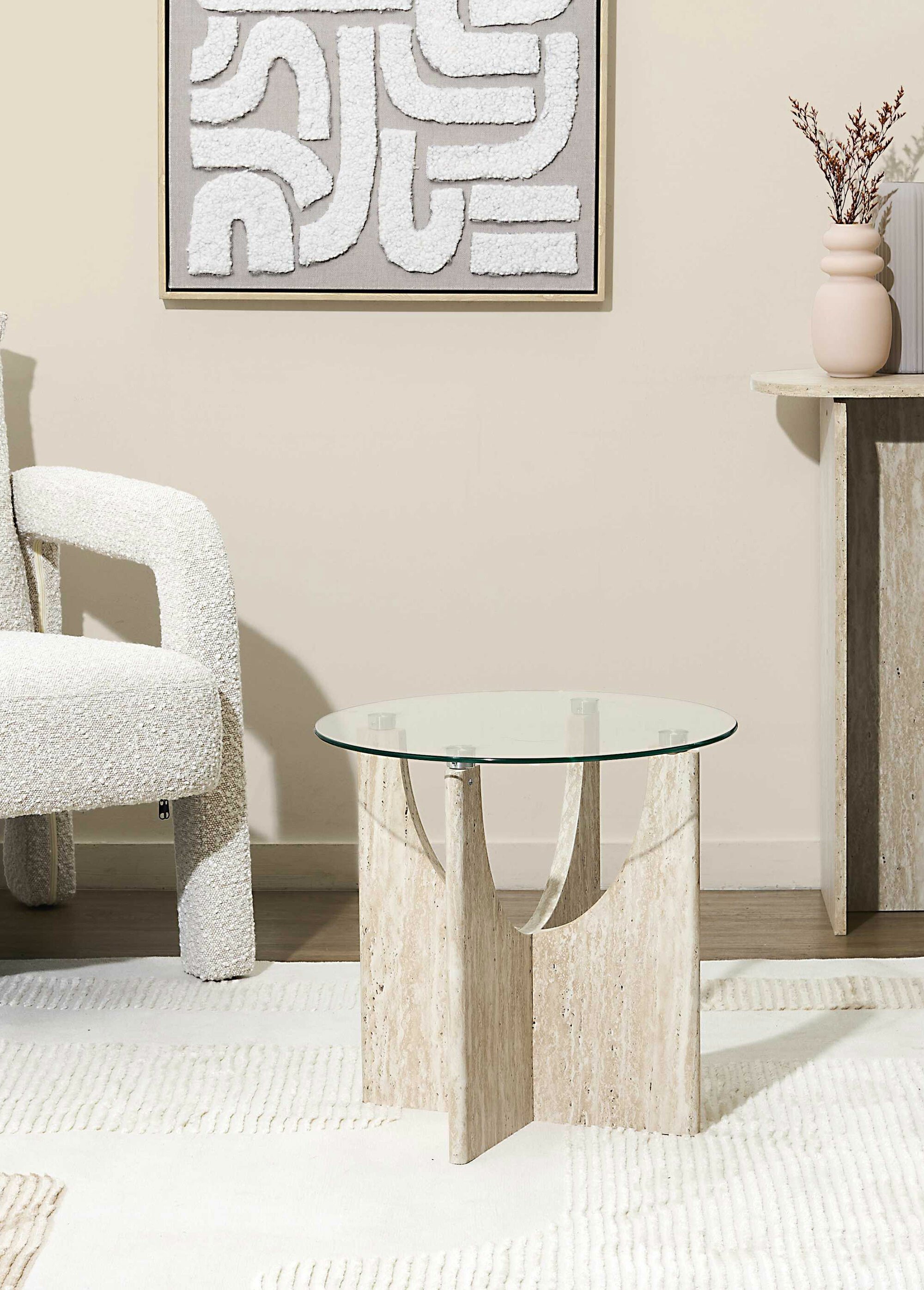 Table d'appoint verre et effet pierre BLANC ET BEIGE CMP-HD7751 SI1