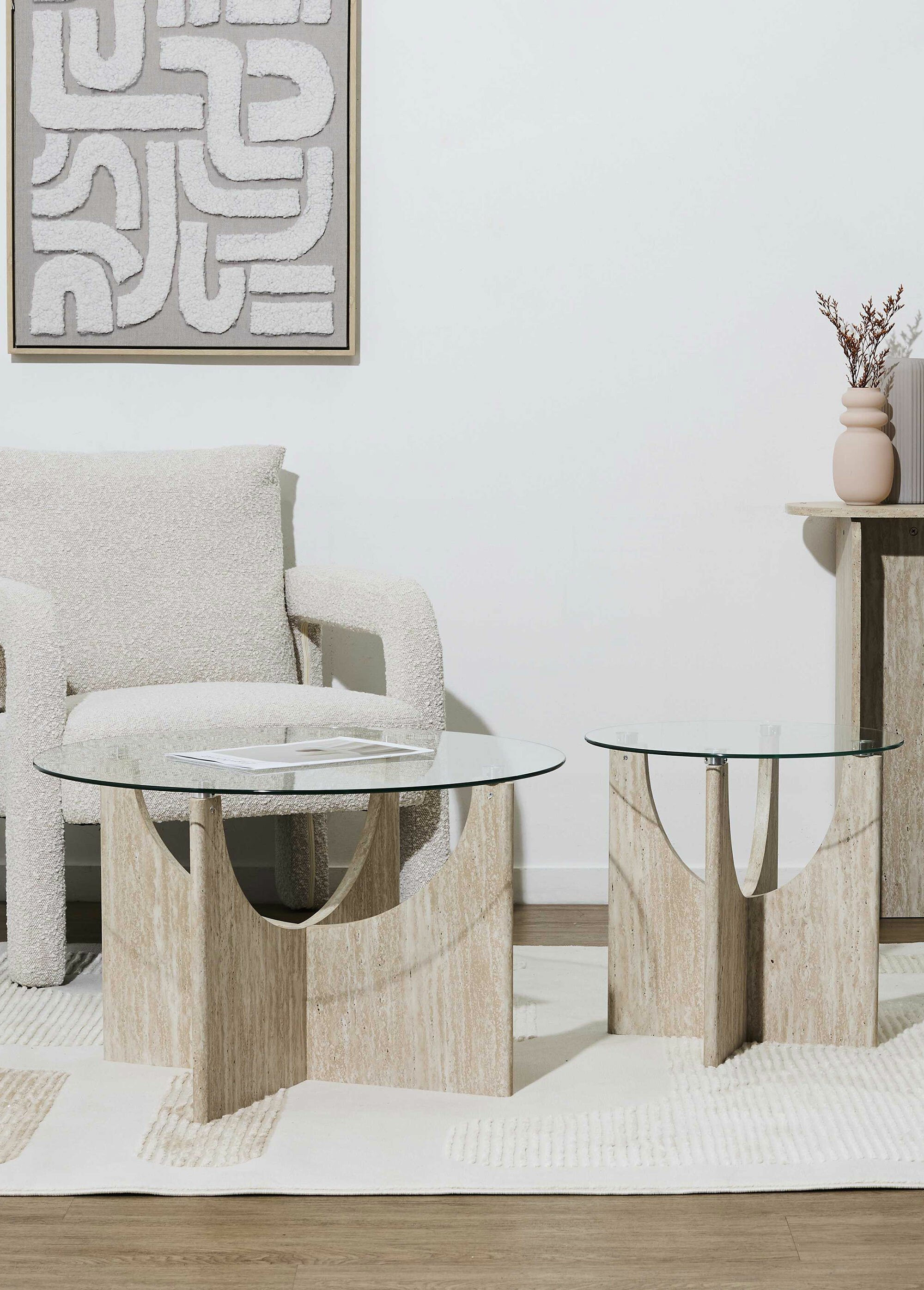 Table d'appoint verre et effet pierre BLANC ET BEIGE CMP-HD7751 SI2