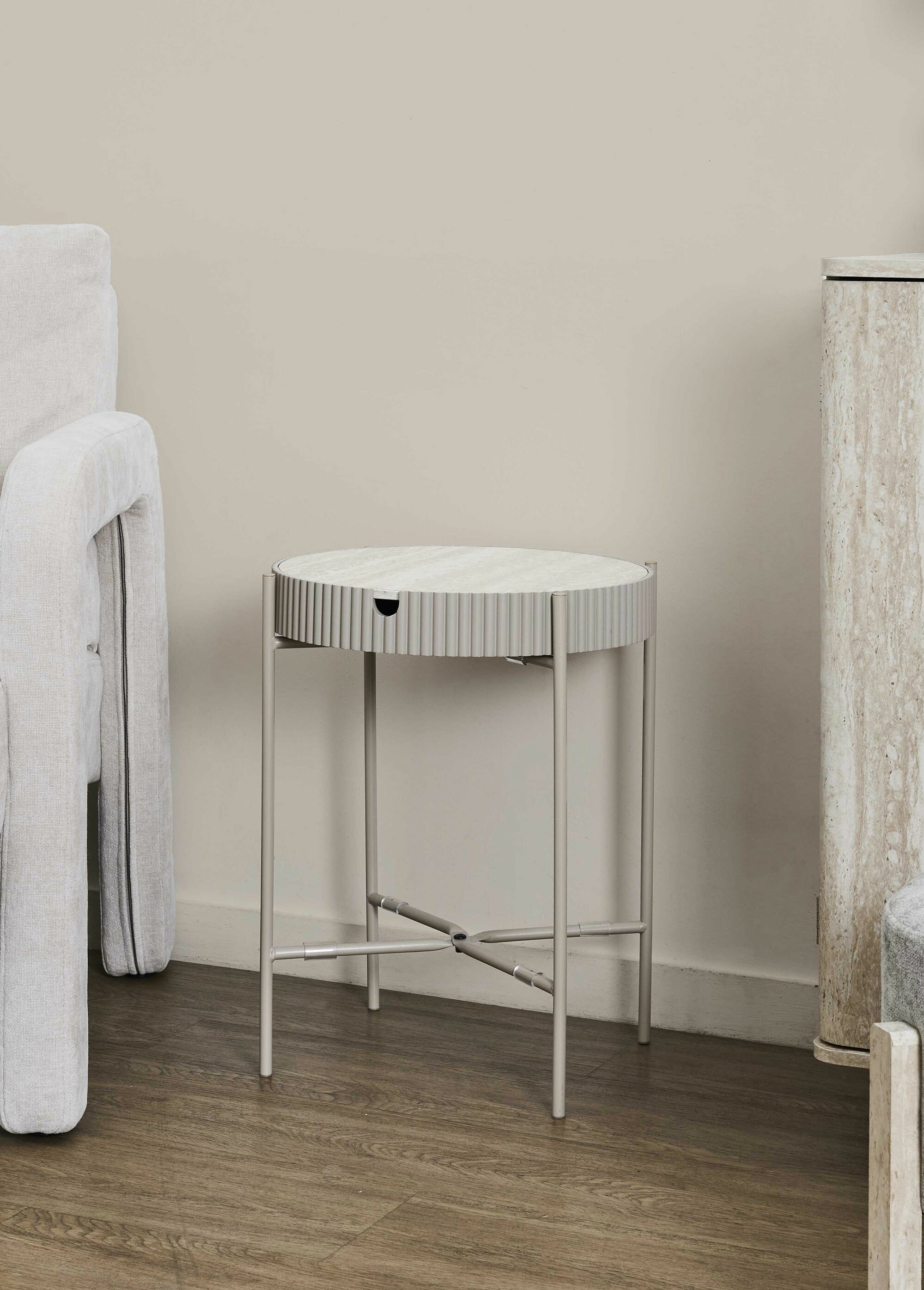 Table ronde effet pierre, avec rangement BLANC ET BEIGE CMP-HD7750 SI1