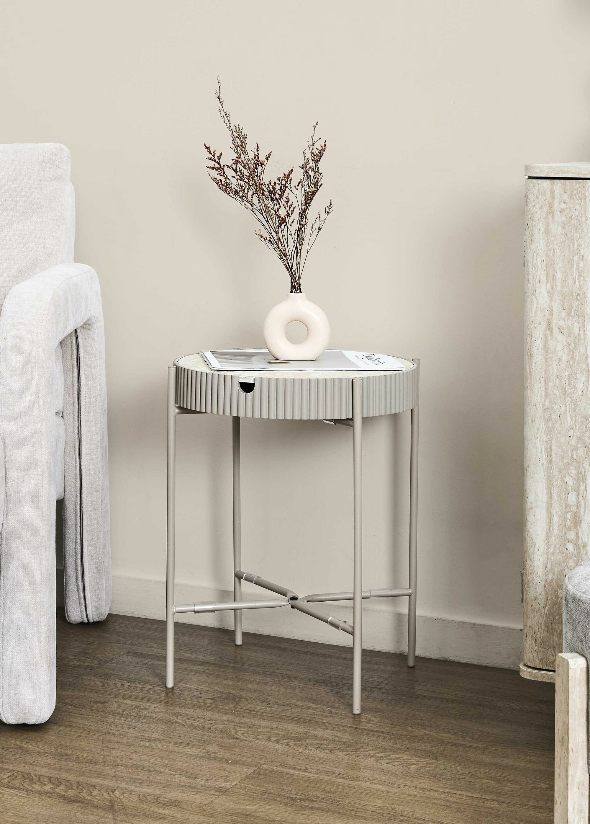 Table ronde effet pierre, avec rangement BLANC ET BEIGE CMP-HD7750 SI2