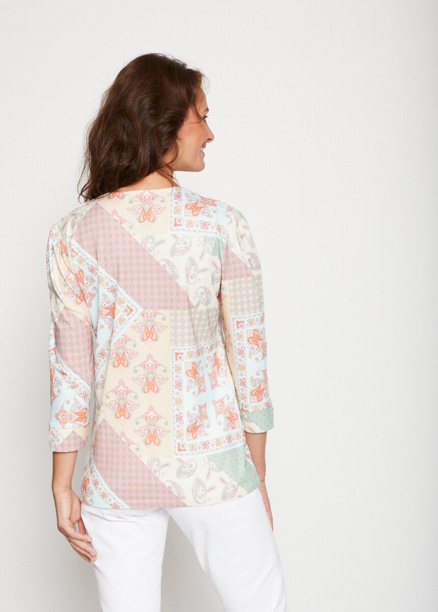 T-shirt imprimé encolure V liseré doré