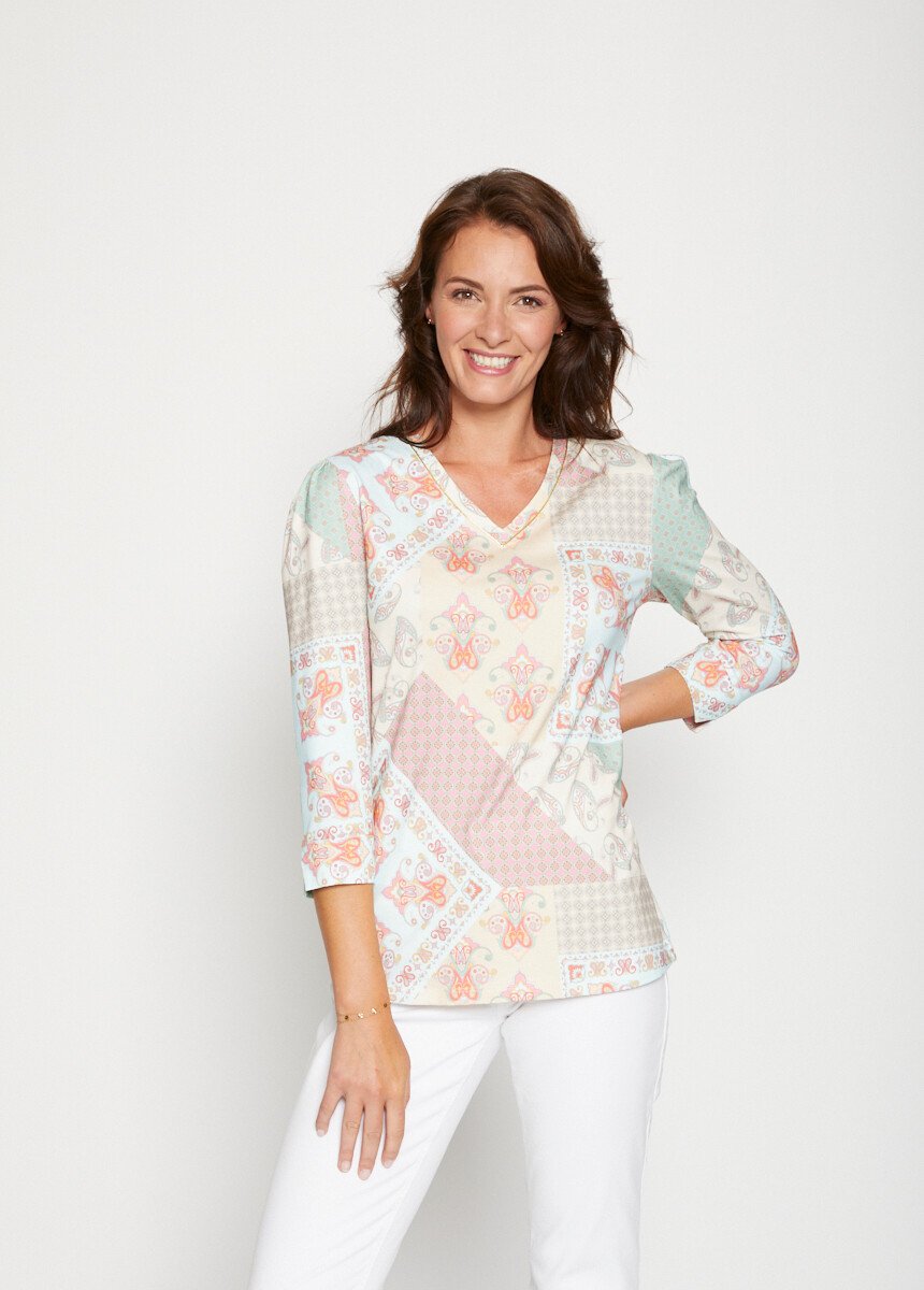 T-shirt imprimé encolure V liseré doré