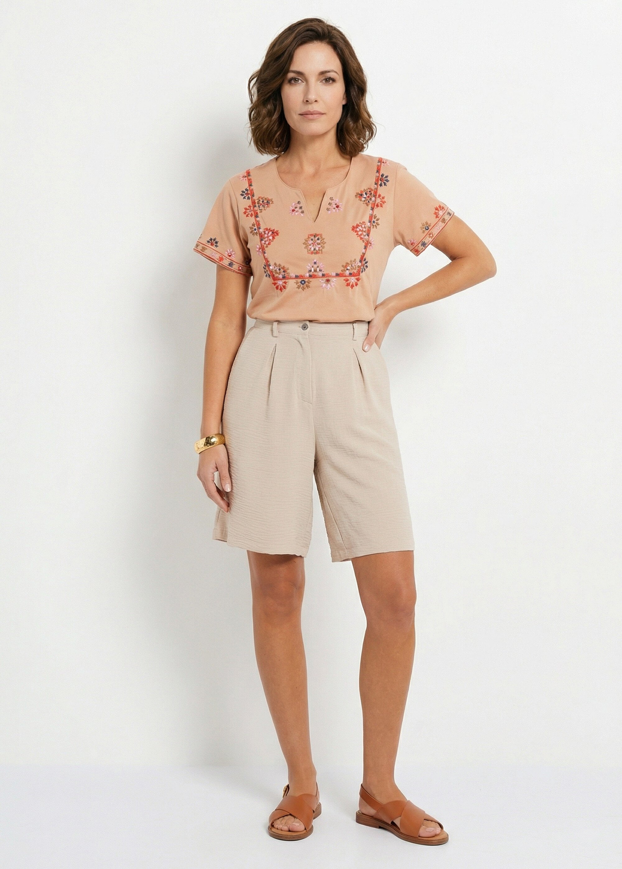 Bermuda droit à pinces tissu froissé Femme BEIGE CHINE NIVY MV1