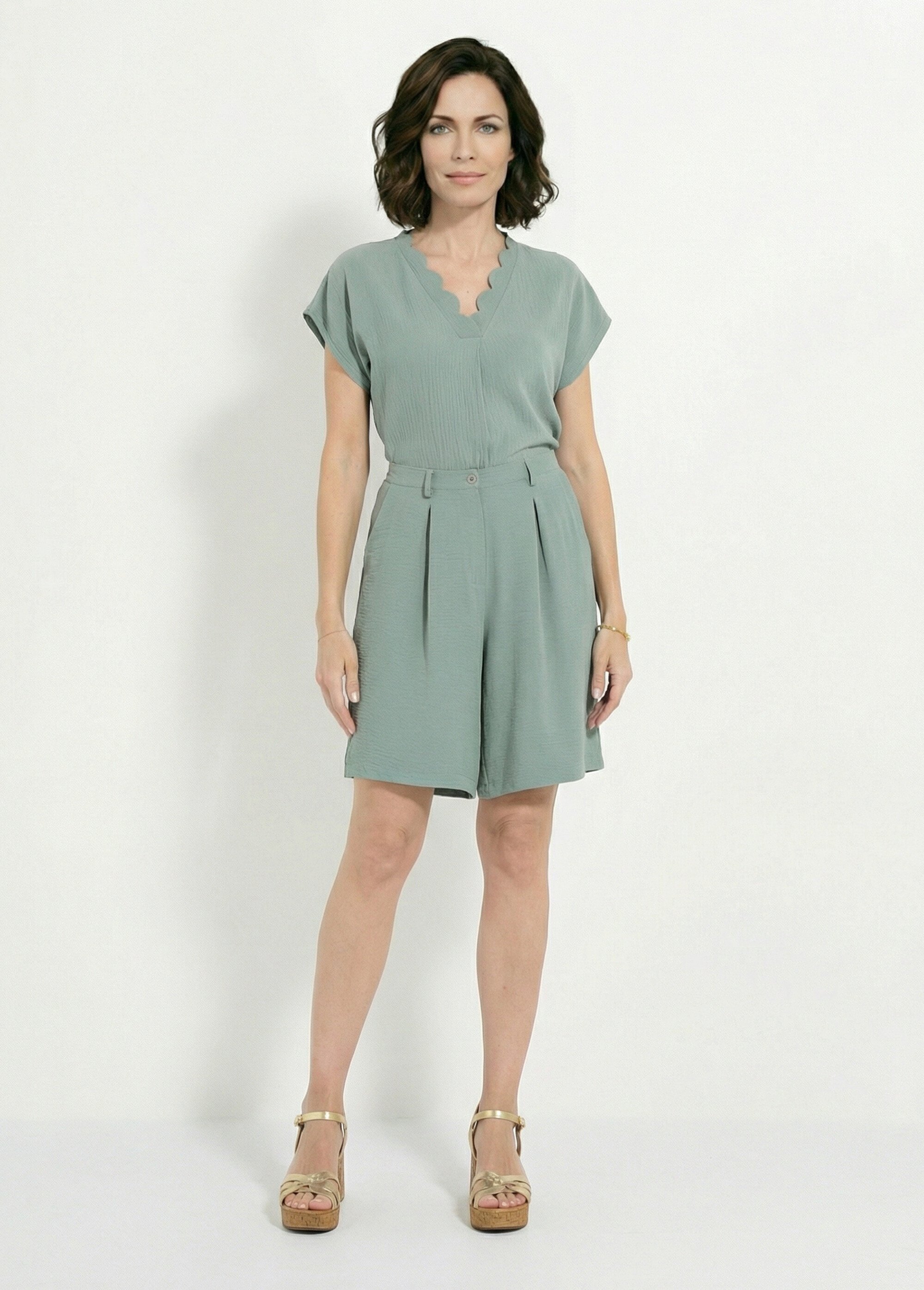 Bermuda droit à pinces tissu froissé Femme VERT SAUGE NIVY SF1