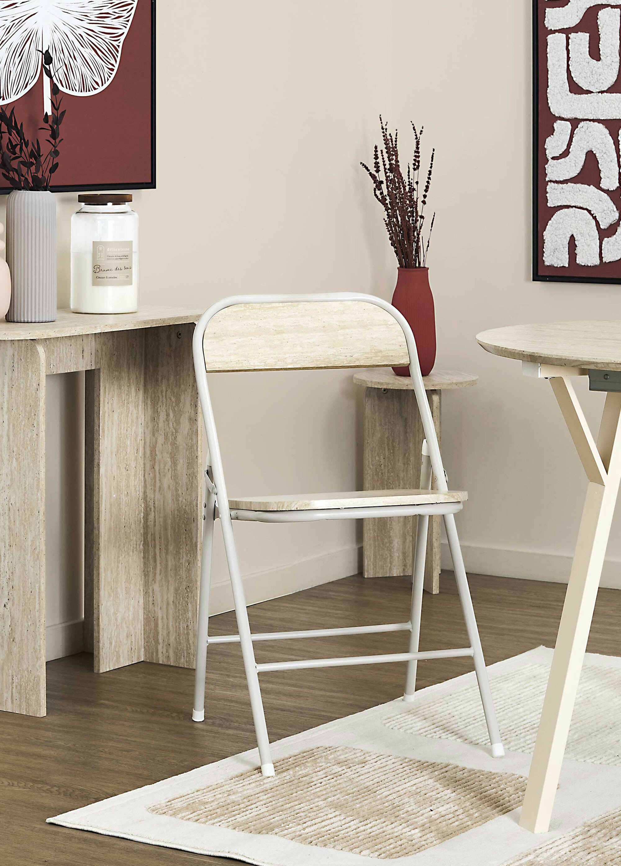 Chaise pliante métal et effet pierre BLANC ET BEIGE CMP-HD7753 SI1