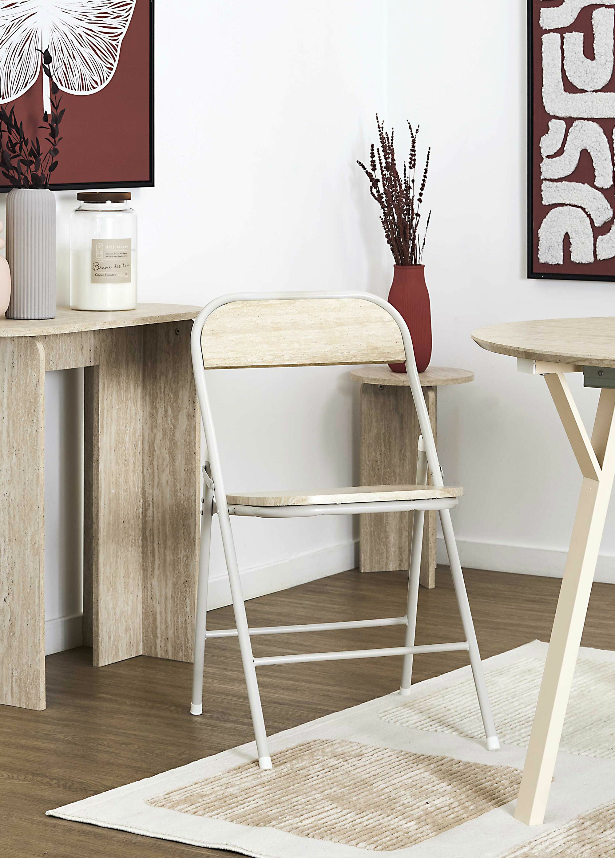 Chaise pliante métal et effet pierre BLANC ET BEIGE CMP-HD7753 SI2