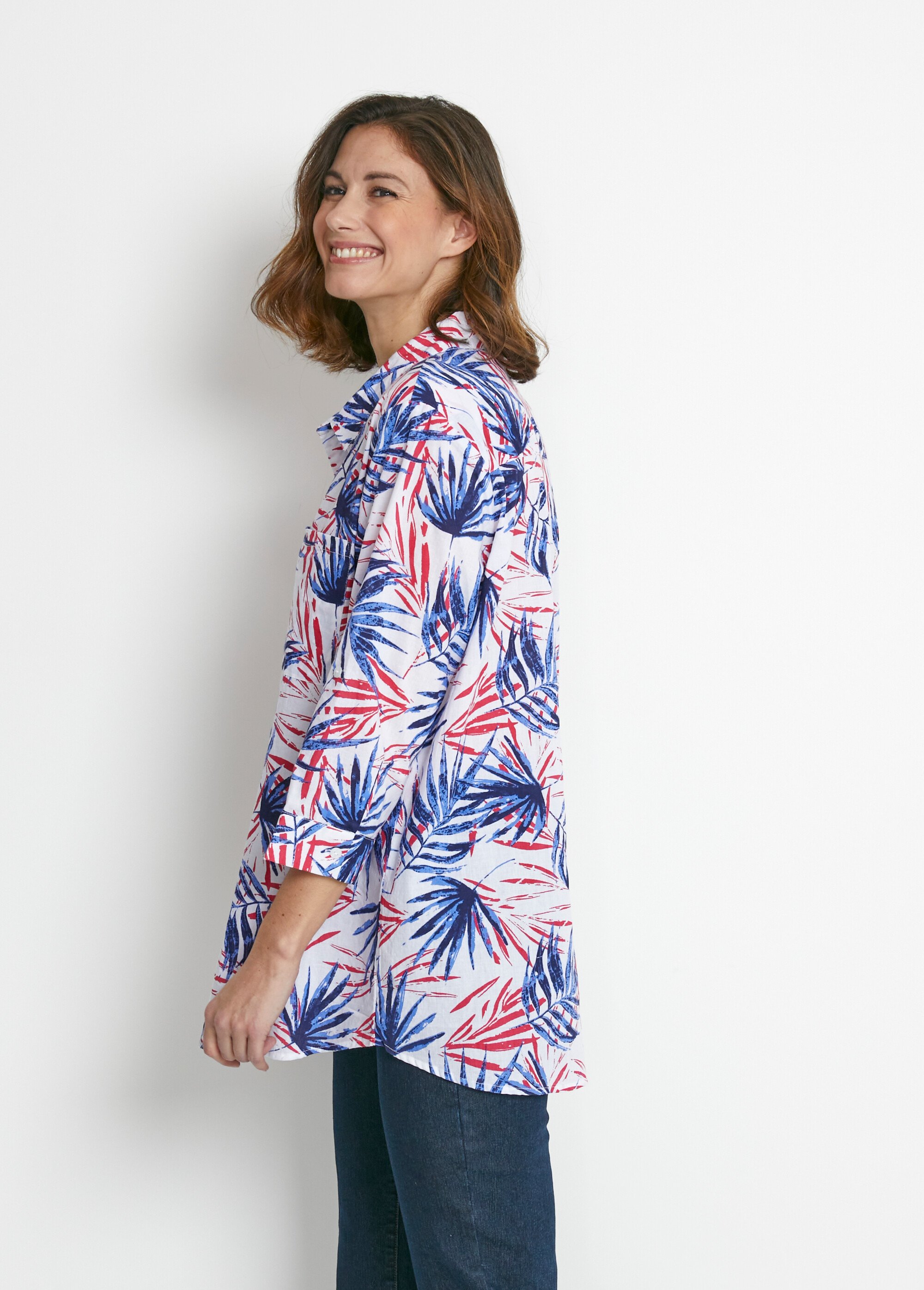 Chemisier boutonné long coton imprimé Femme Bleu CIRQUE DR1