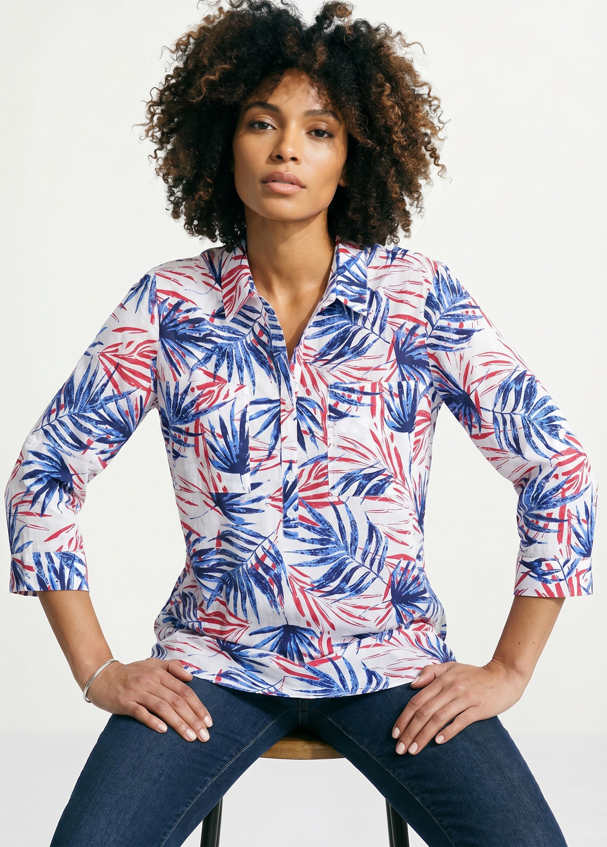 Chemisier boutonné long coton imprimé Femme Bleu CIRQUE MV1
