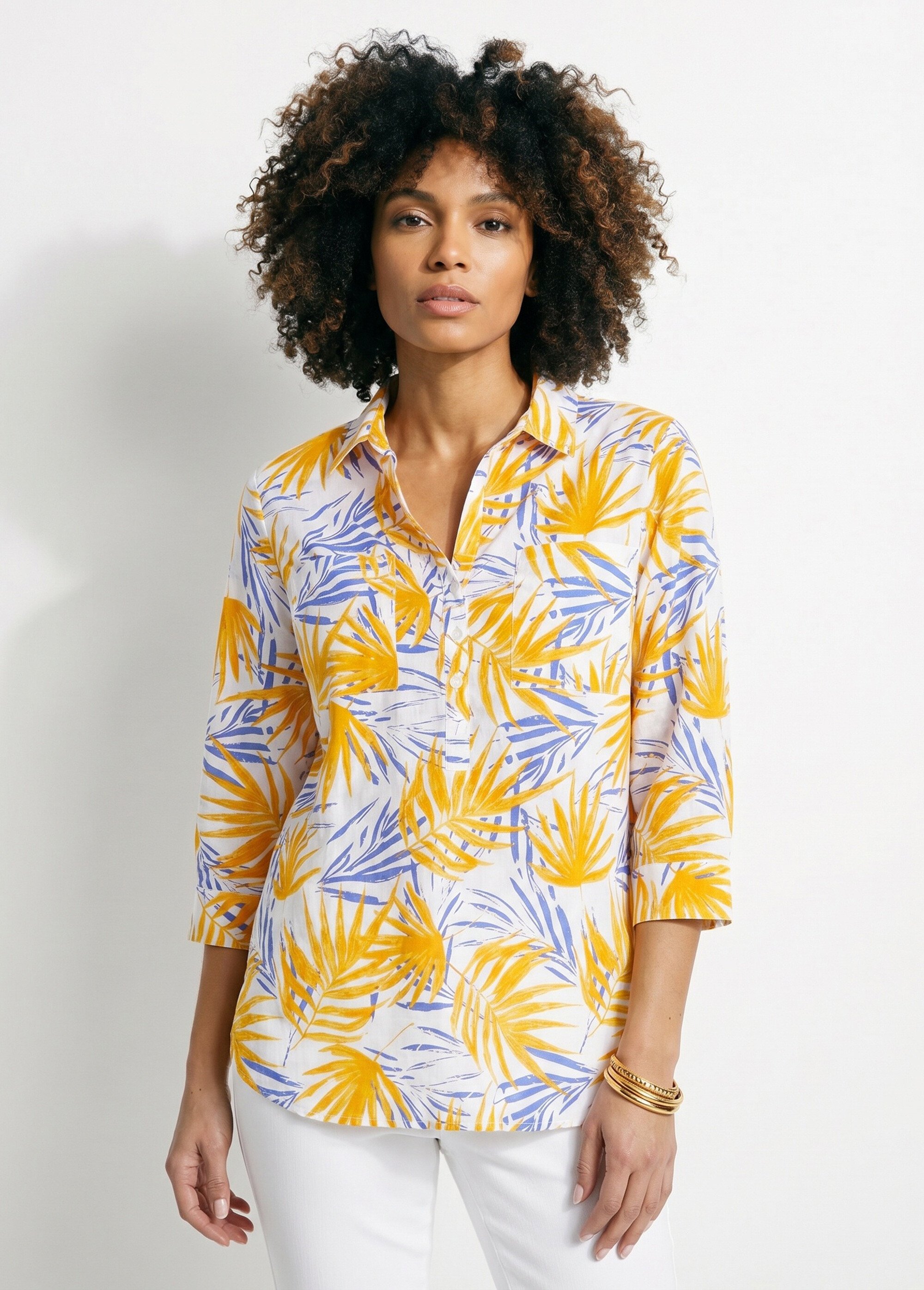 Chemisier boutonné long coton imprimé Femme Jaune CIRQUE FA1
