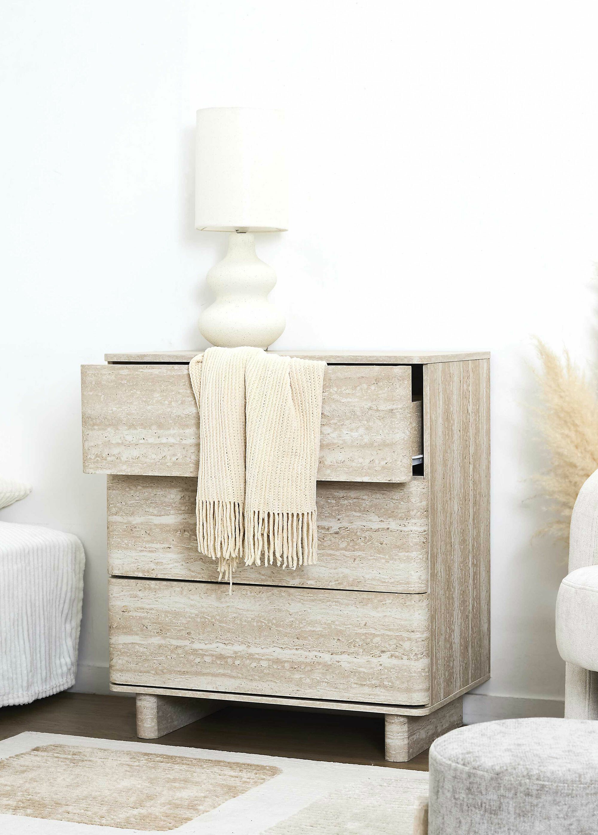 Commode 3 tiroirs effet pierre travertin BLANC ET BEIGE CMP-HD7763 SI2