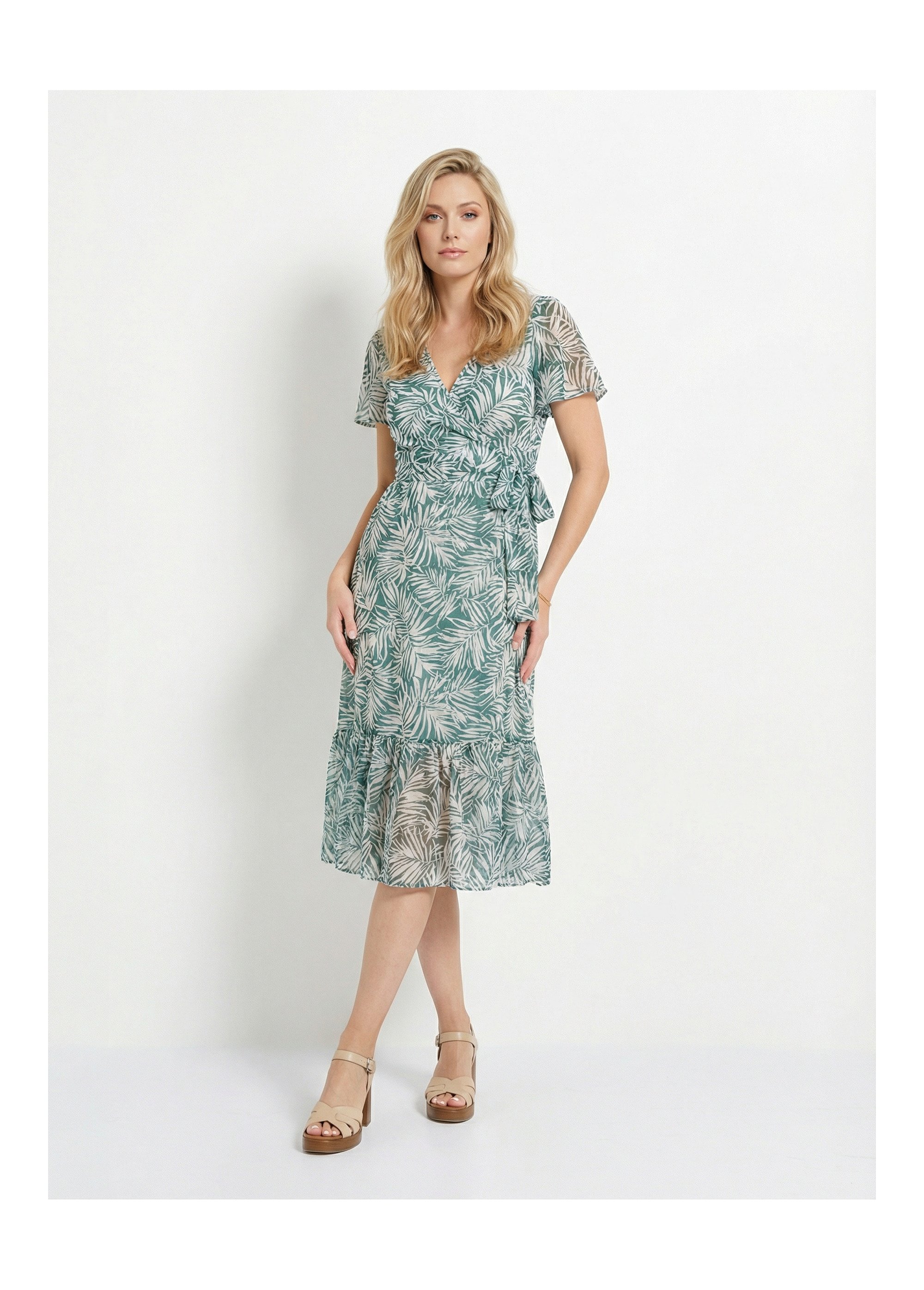 Robe longue cache-coeur portefeuille voile imprimé Femme Vert ELABEL FA1