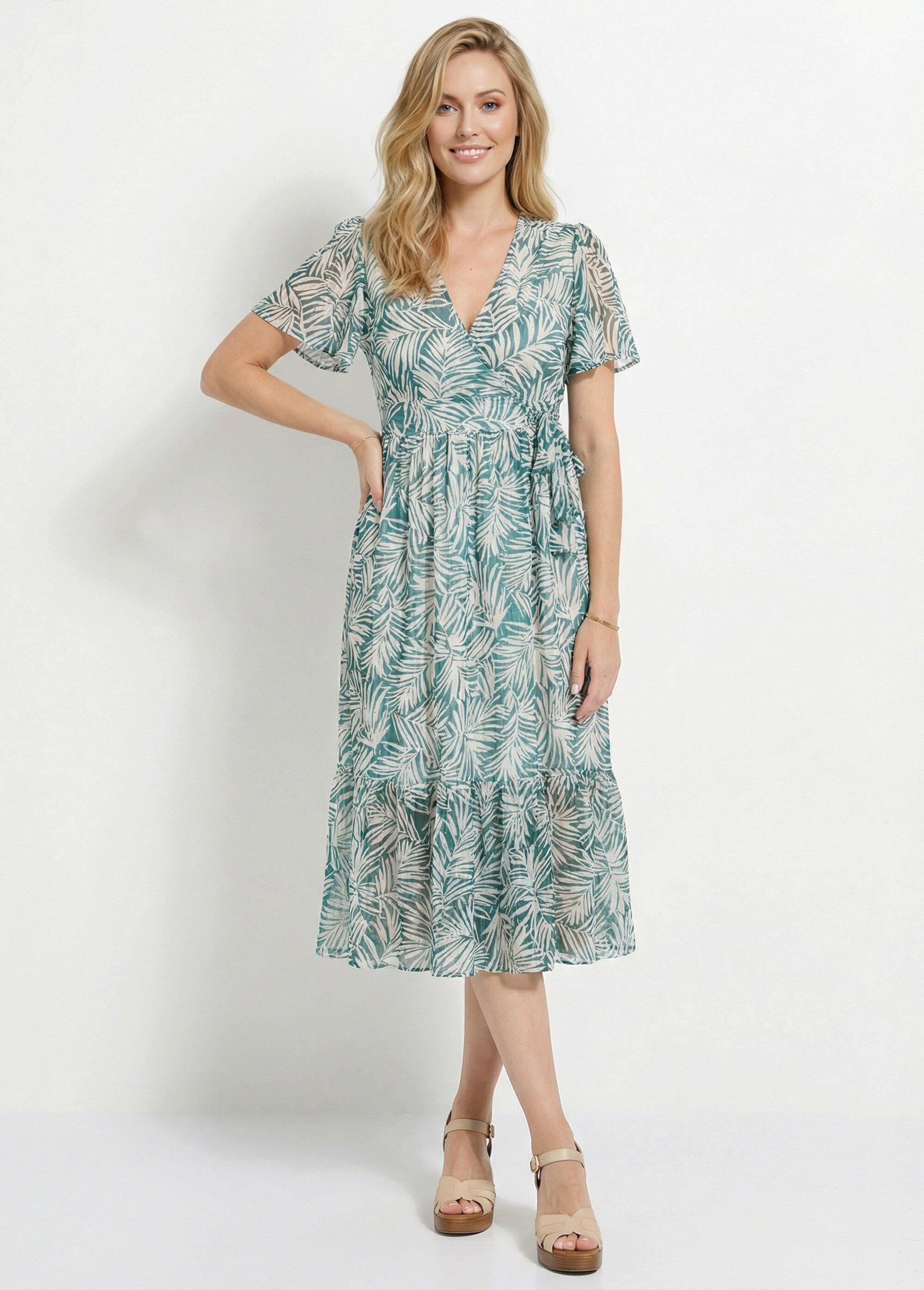 Robe longue cache-coeur portefeuille voile imprimé Femme Vert ELABEL MV1