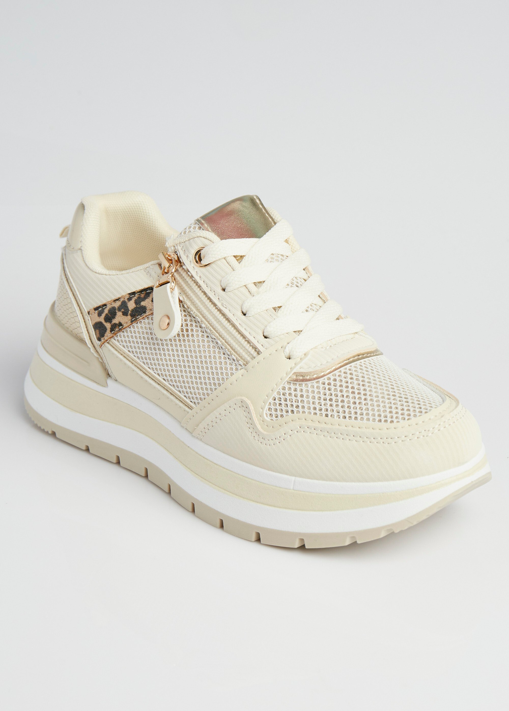 Sneakers compensées en mesh type joggers Femme Beige LBS-DYX9701 FA1