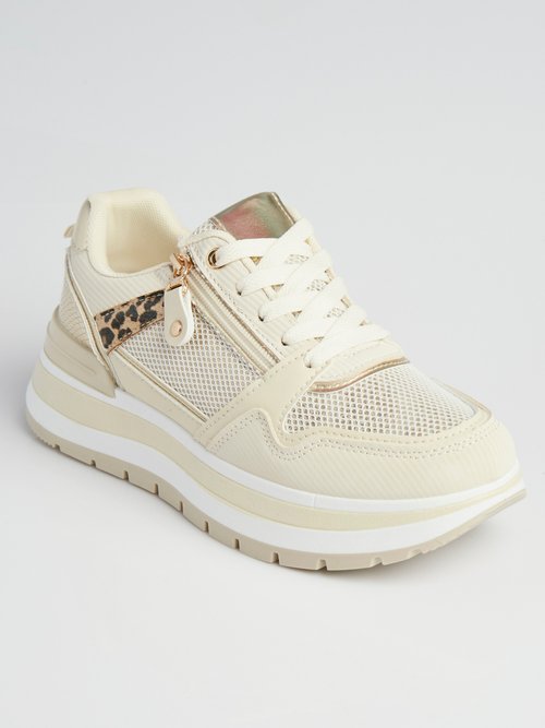 Sneakers compensées en mesh type joggers Femme Beige LBS-DYX9701 FA1