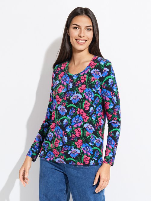 T-shirt droit col rond manches longues fleuri Femme Rose CABRISA FA1