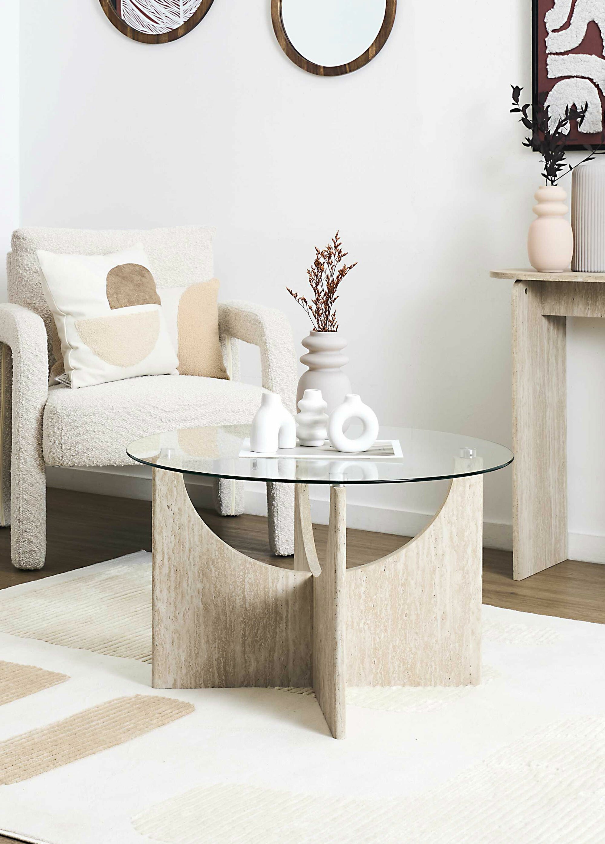 Table basse en verre et effet pierre BLANC ET BEIGE CMP-HD7752 SI1
