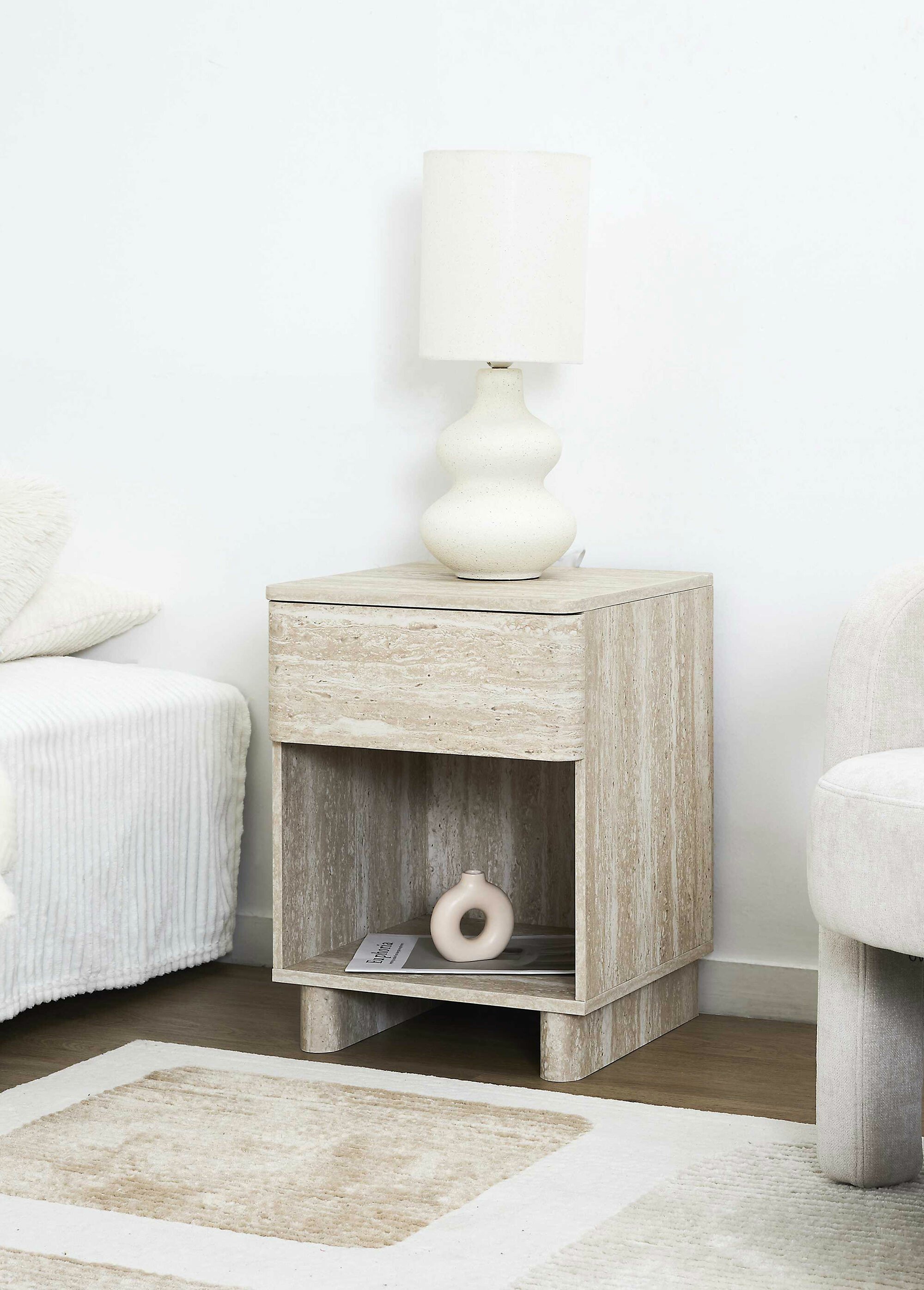 Table de chevet effet pierre travertin BLANC ET BEIGE CMP-HD7762 SI2