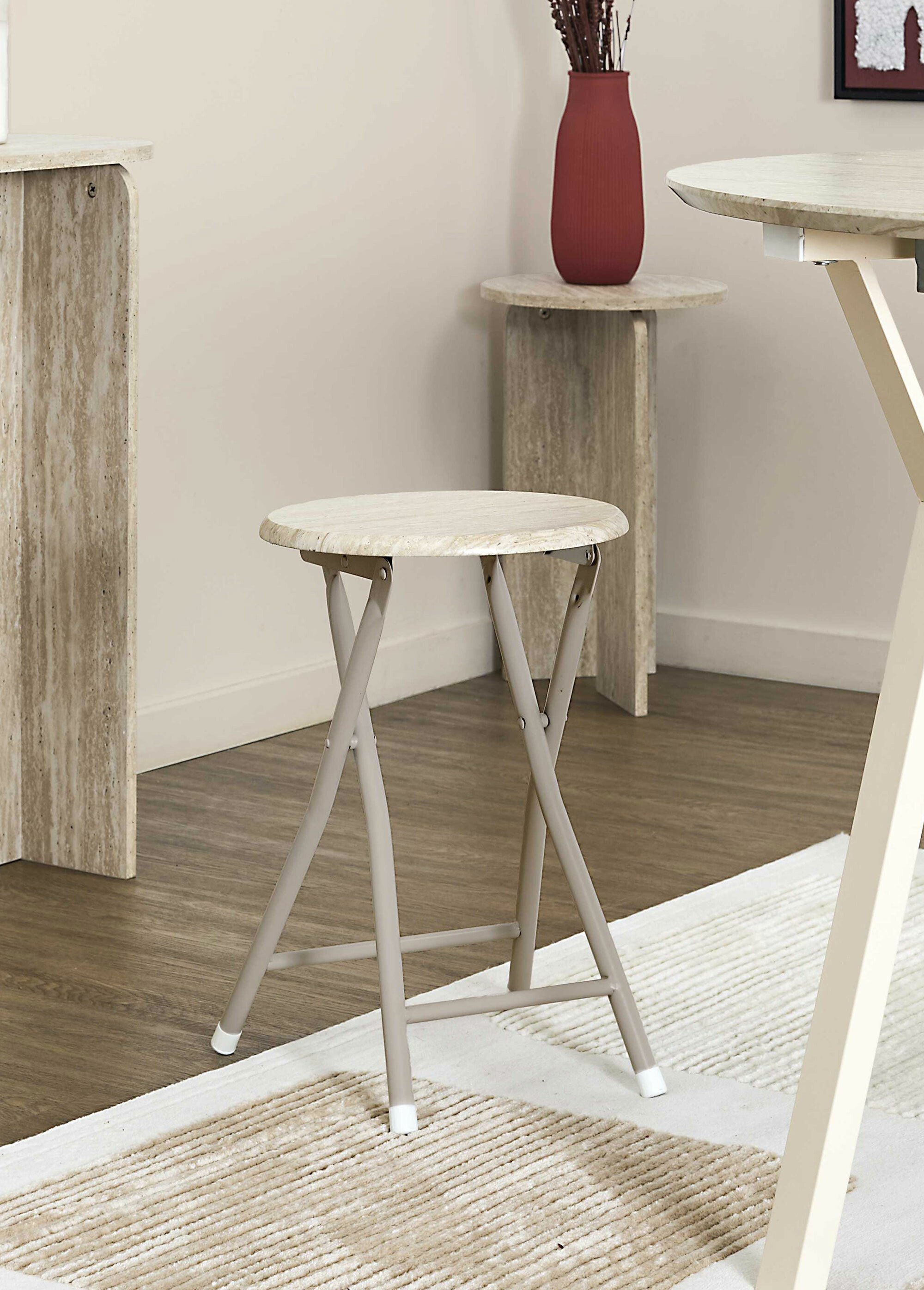 Tabouret pliant métal et effet pierre BLANC ET BEIGE CMP-HD7754 SI1