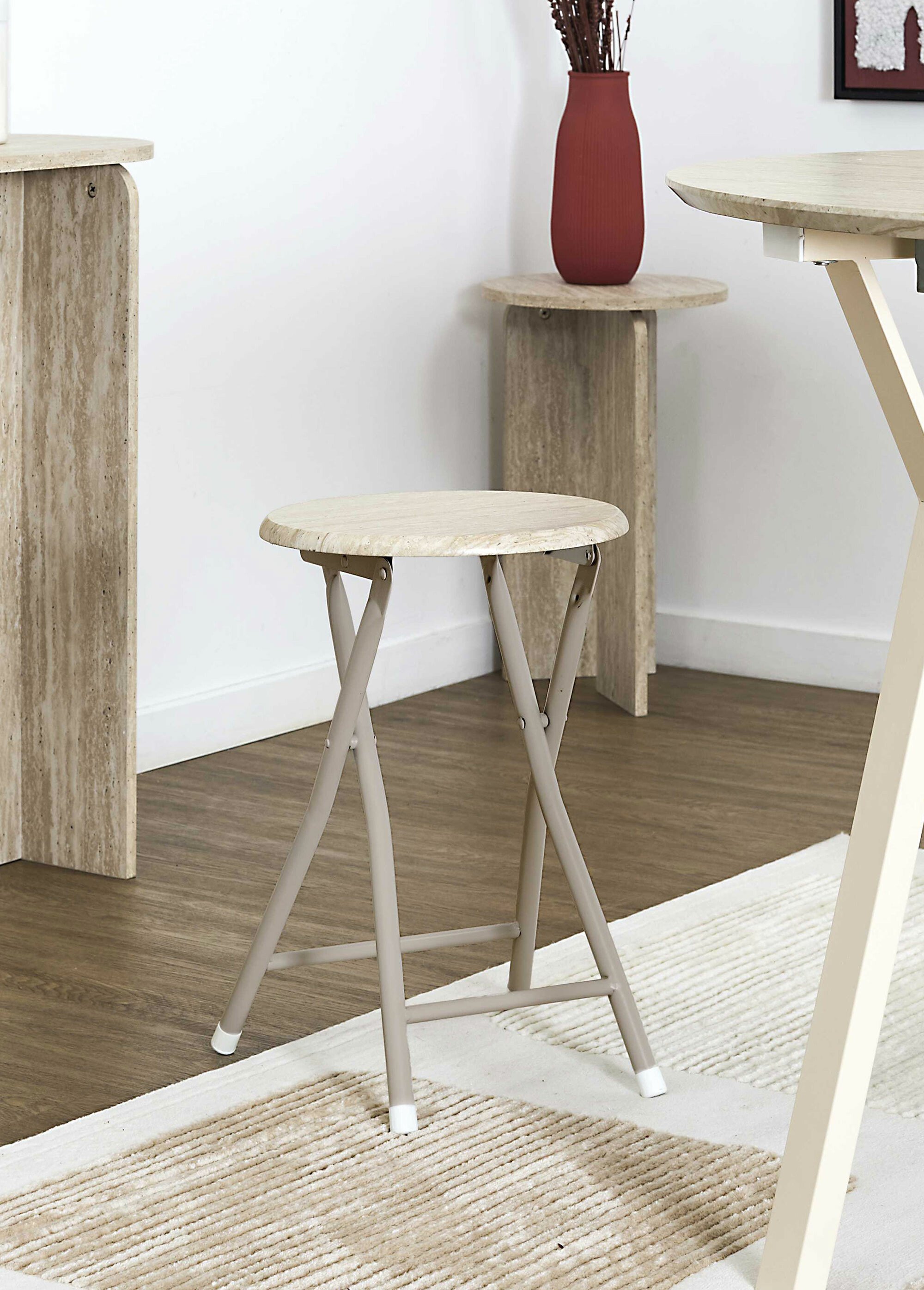 Tabouret pliant métal et effet pierre BLANC ET BEIGE CMP-HD7754 SI2
