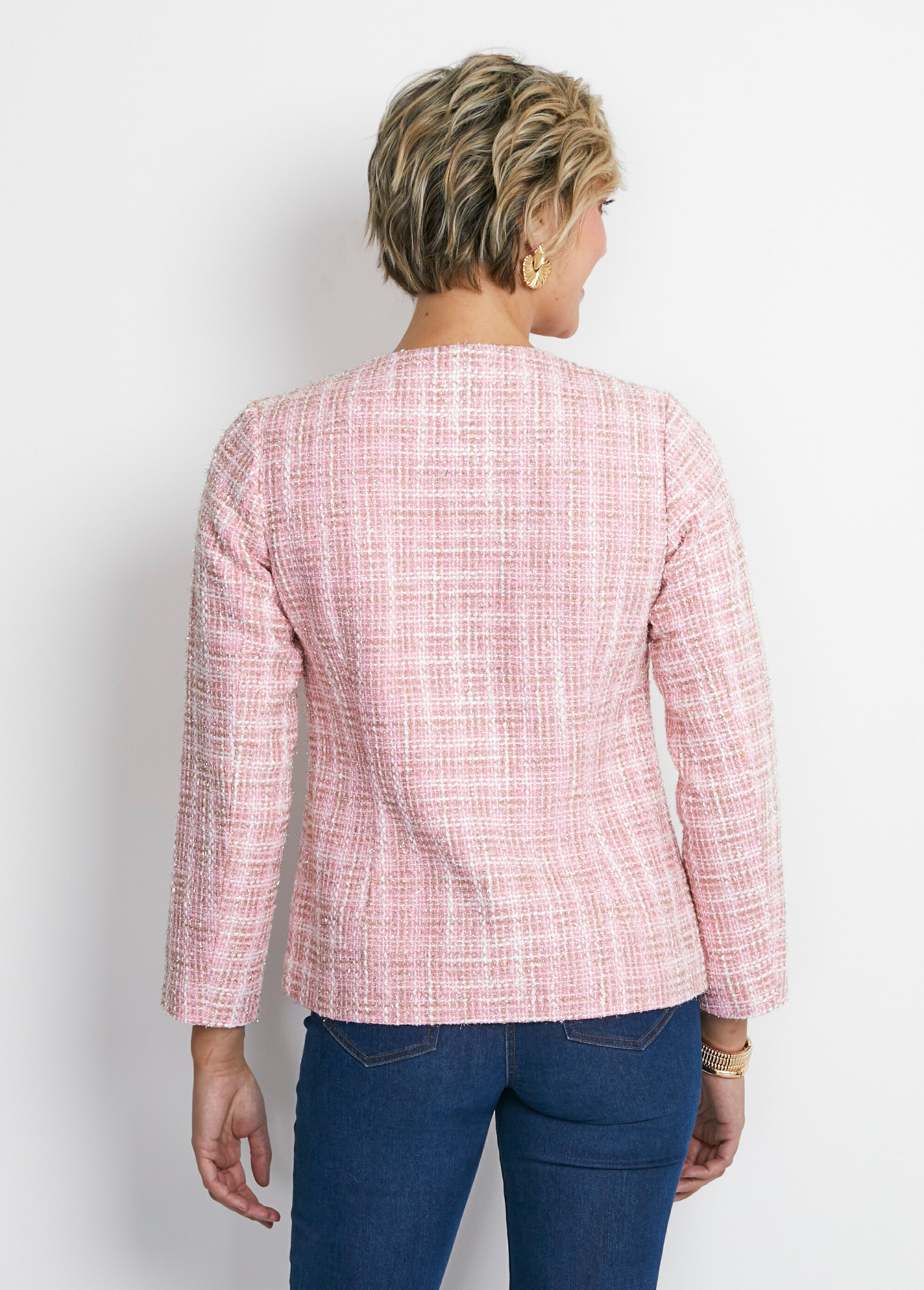 Veste courte sans col tissu effet tweed