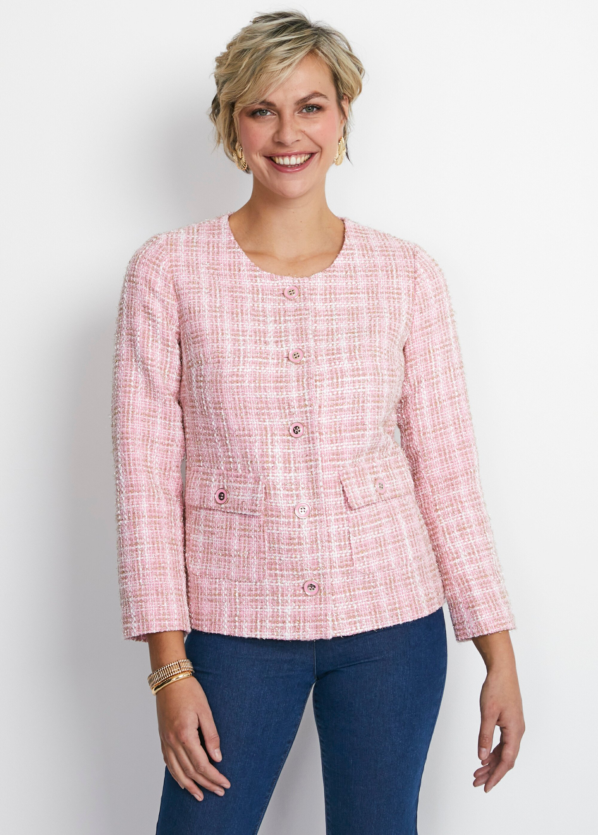 Veste courte sans col tissu effet tweed