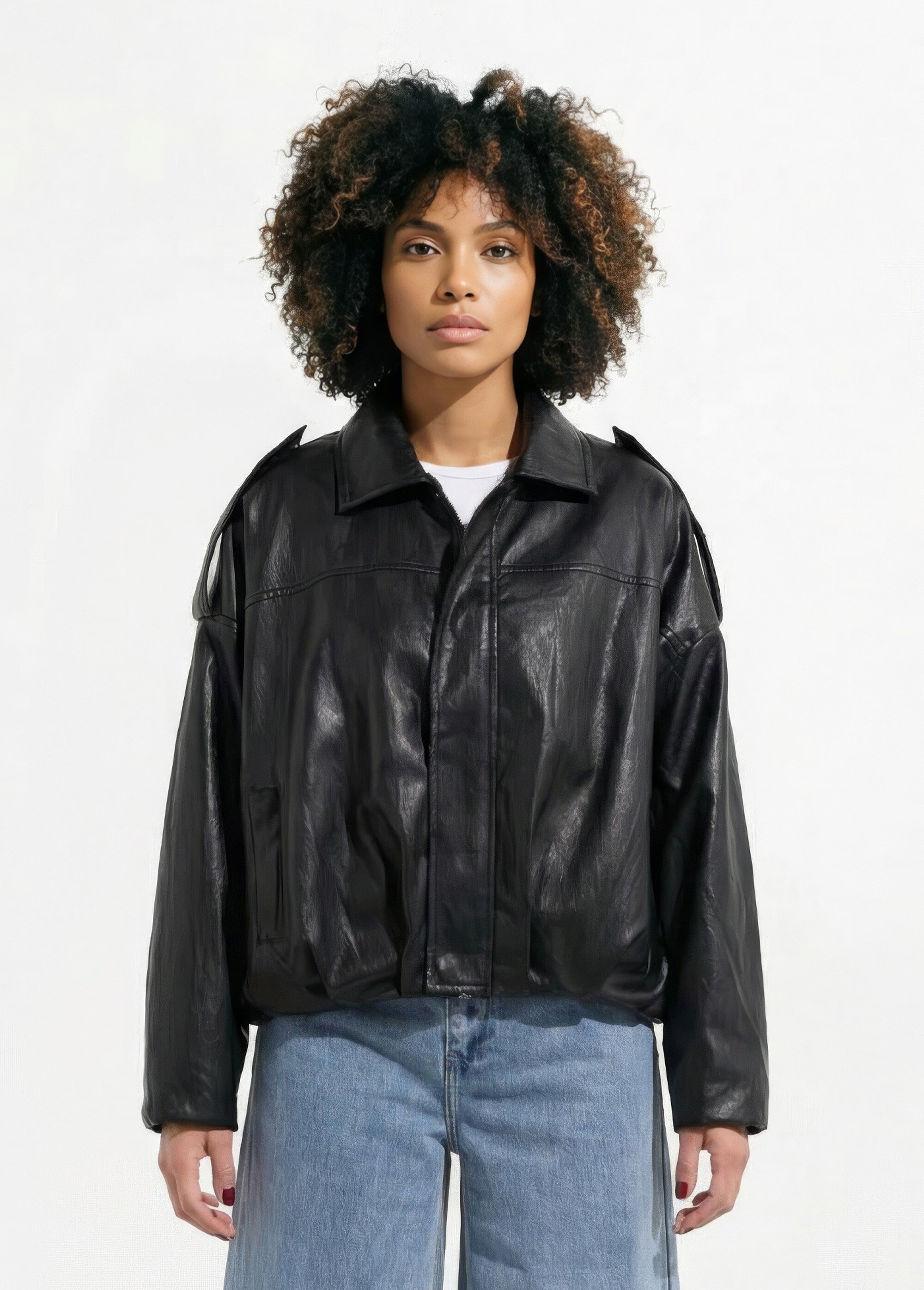 Blouson simili oversize taille resserrée Femme Noir JS-JS-1171 FA1