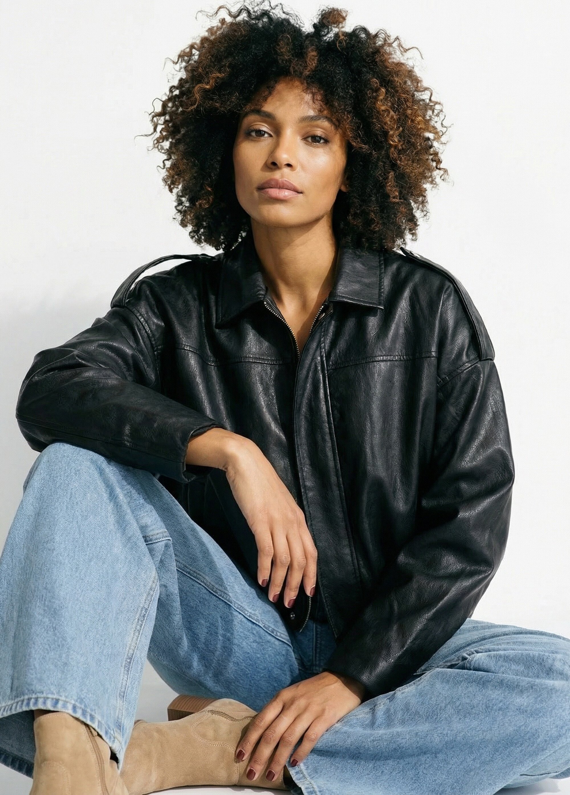 Blouson simili oversize taille resserrée Femme Noir JS-JS-1171 MV1