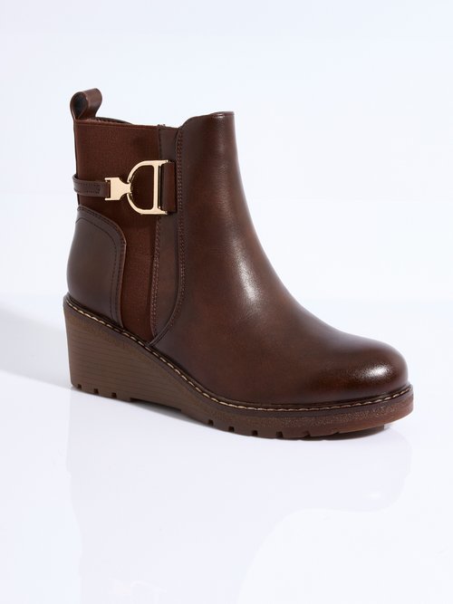 Boots bi matière avec semelle compensée Femme Marron LBS-DLH9709 FA1