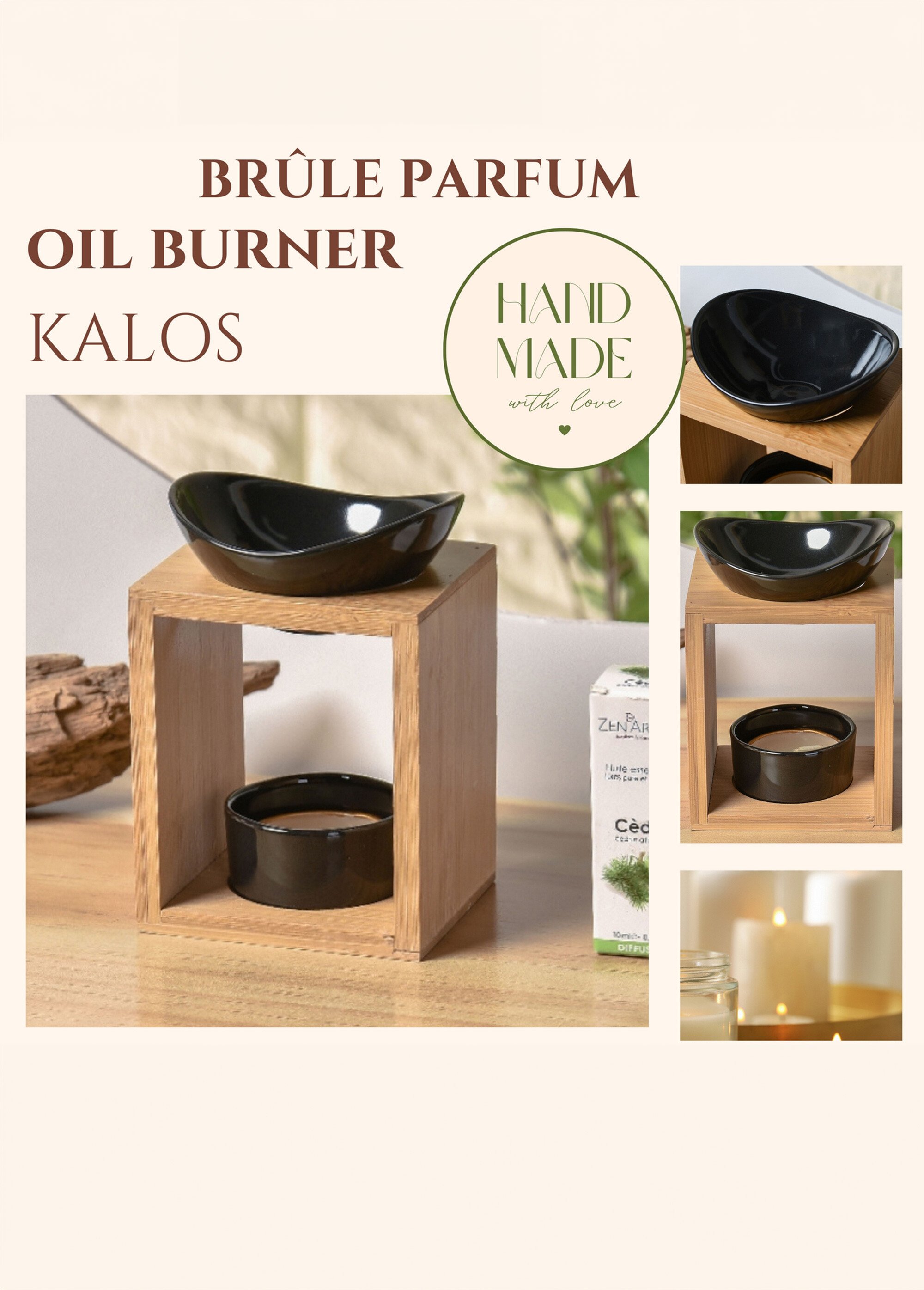 Brûle-parfum élégant céramique et bambou Noir ZENKALOS DE1