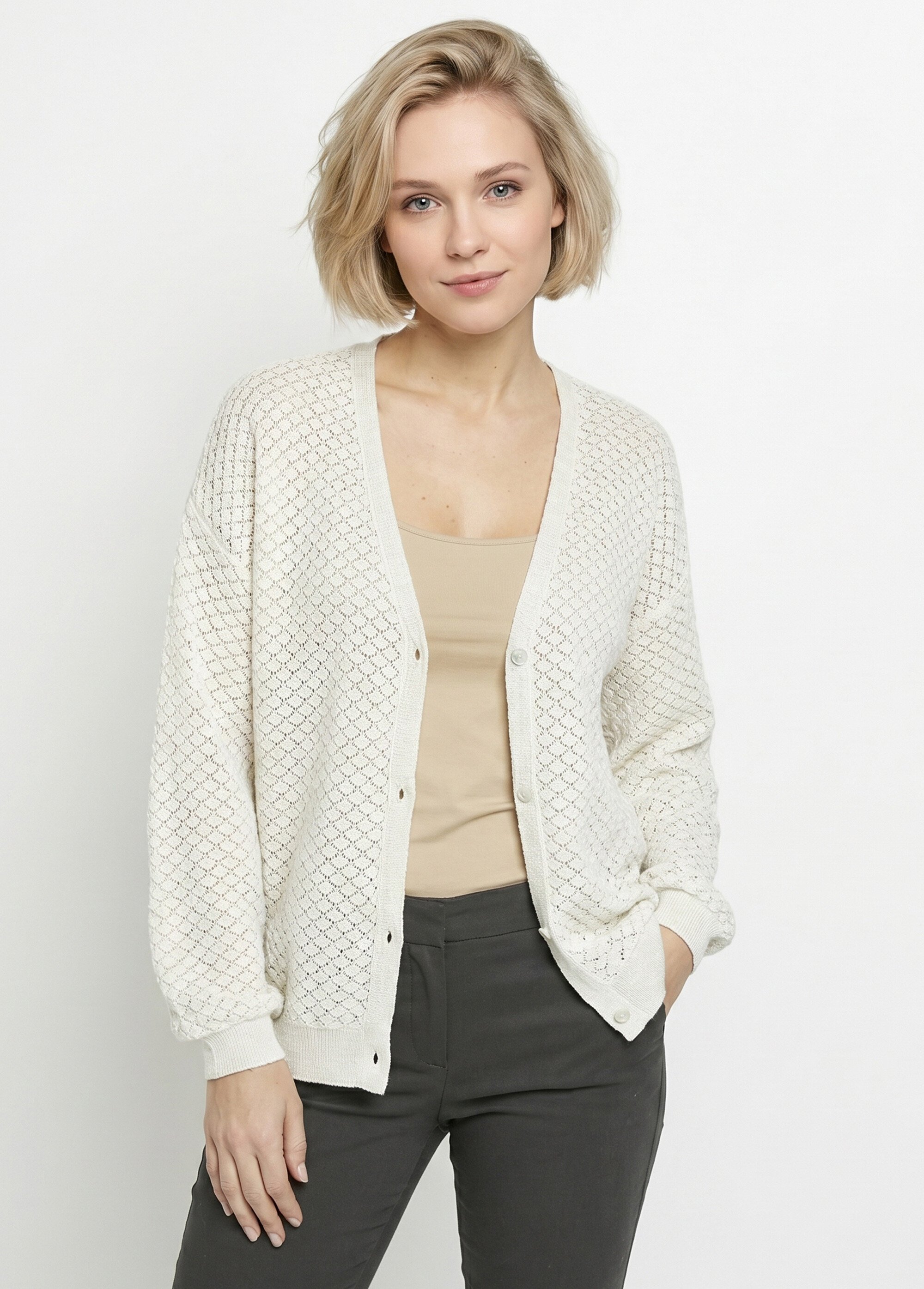 Gilet court boutonné col V manches longues Femme Beige MIRETTE MV1