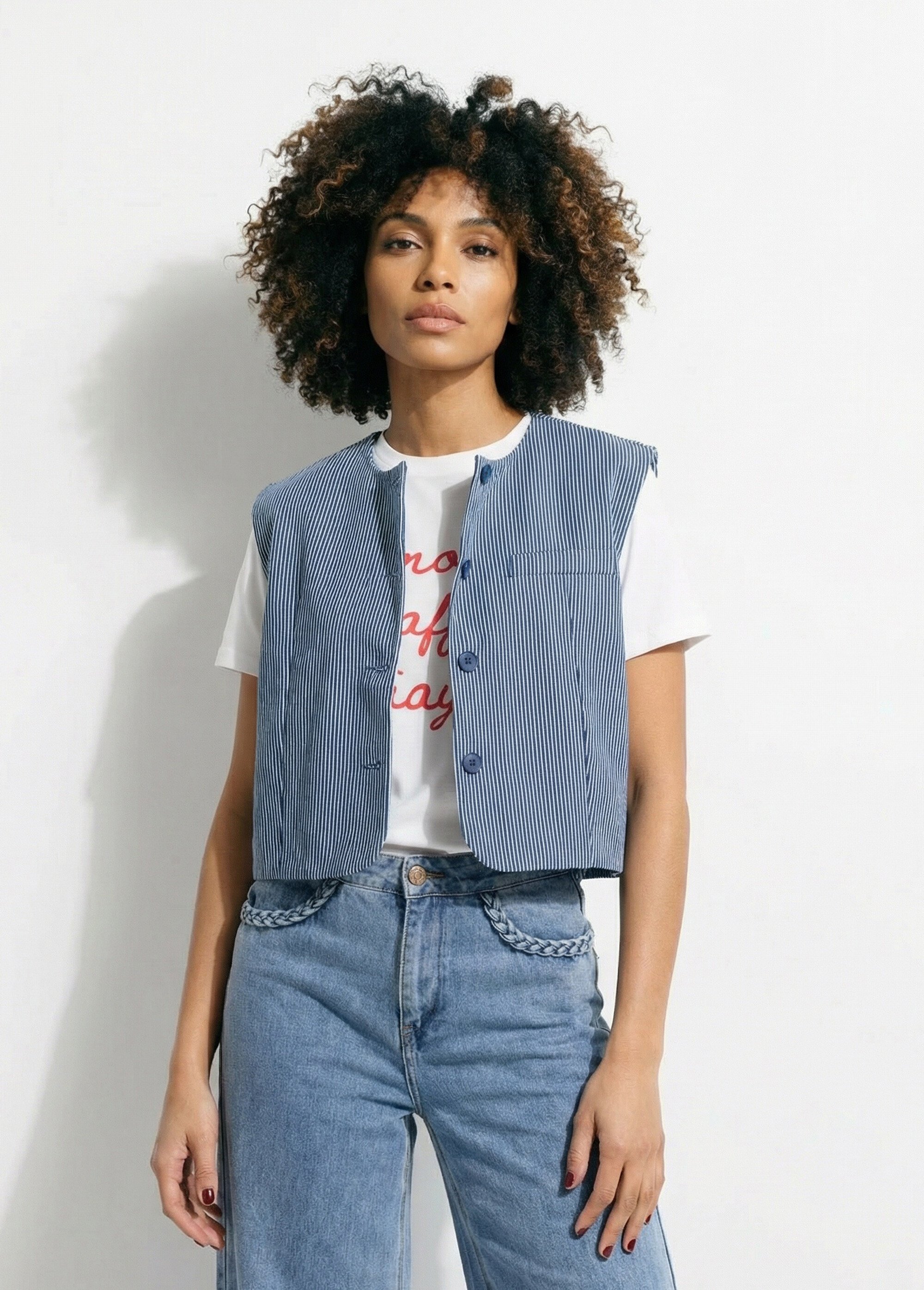 Gilet court sans manches en twill rayé Femme Bleu JS-GL081 FA1