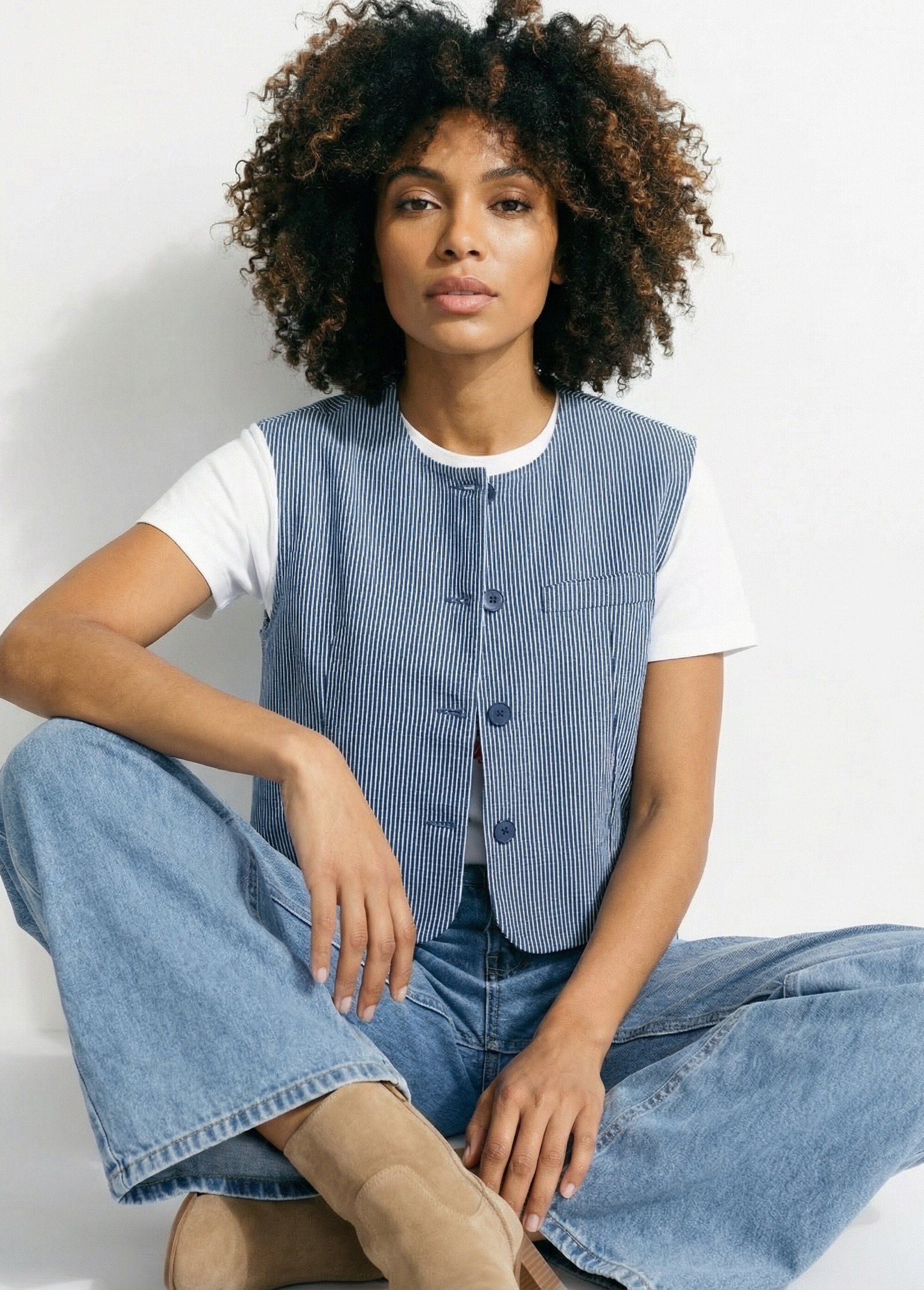 Gilet court sans manches en twill rayé Femme Bleu JS-GL081 MV1