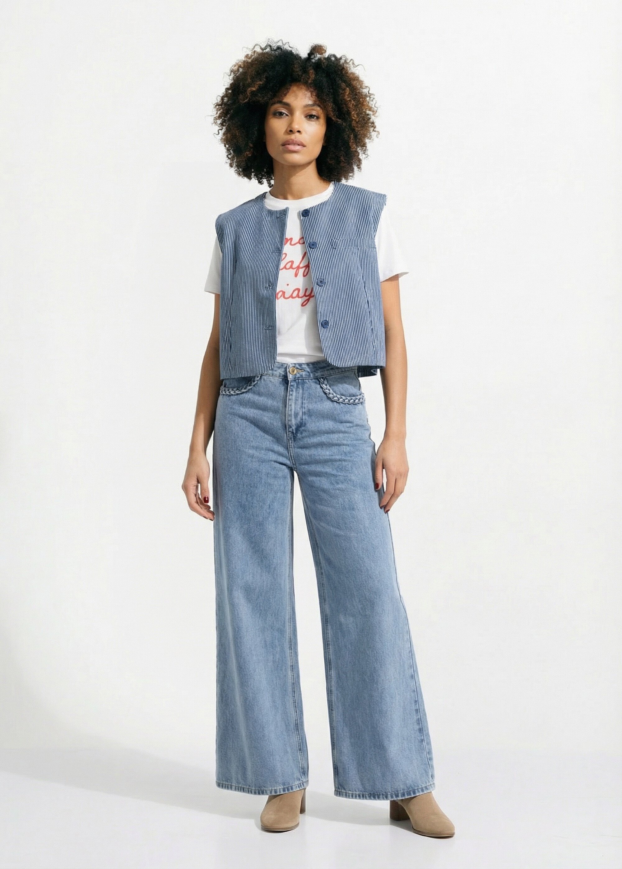 Gilet court sans manches en twill rayé Femme Bleu JS-GL081 SF1