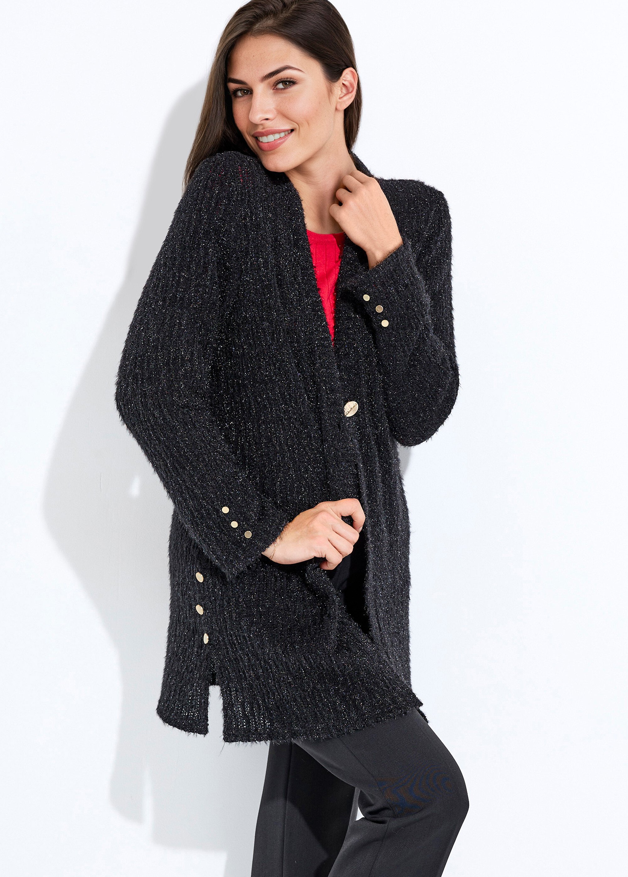 Gilet long ample col V maille scintillante reliefée Femme Noir PLAISANCE MV1