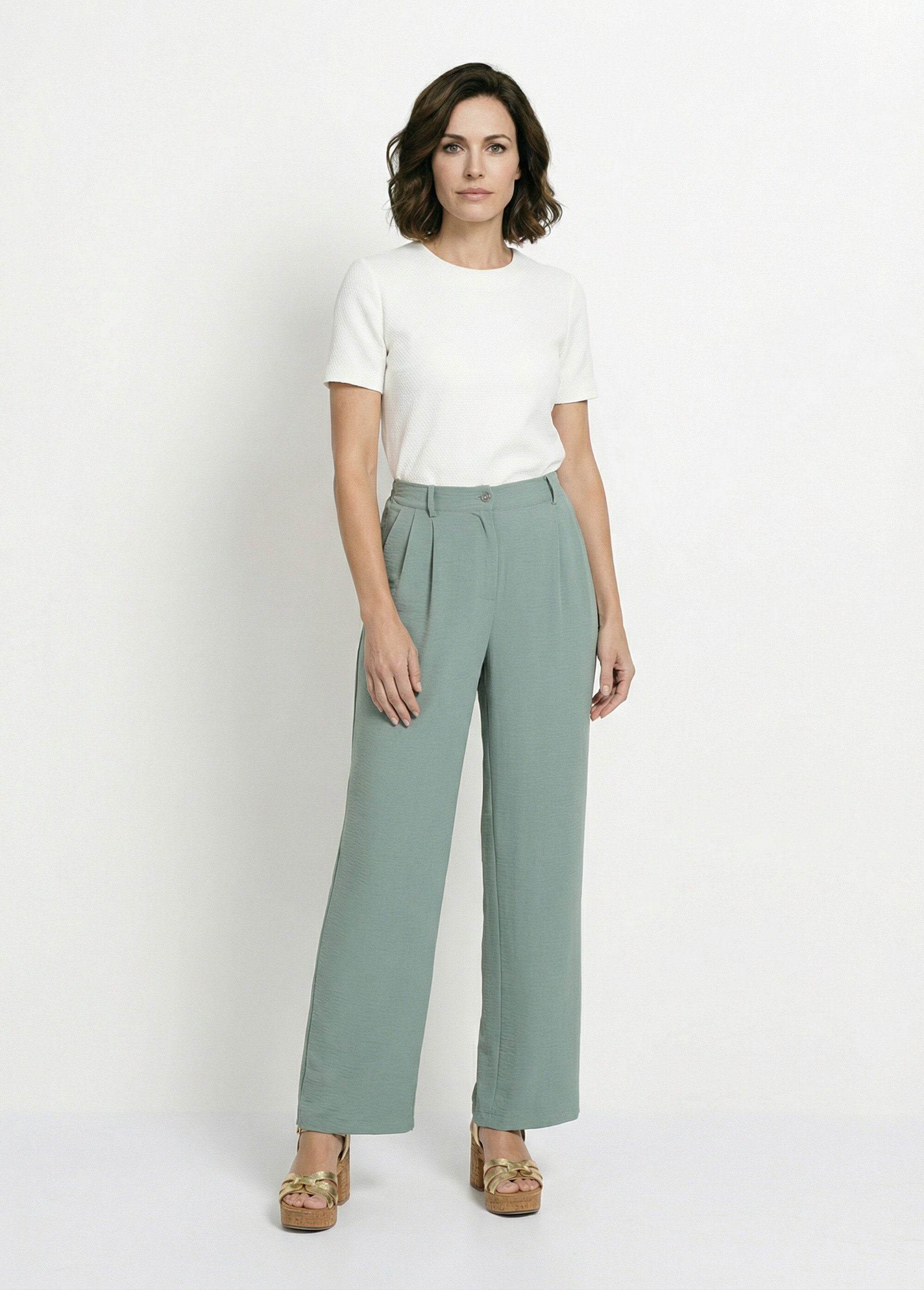 Pantalon large semi élastiqué à pinces Femme VERT SAUGE NUALA SF1