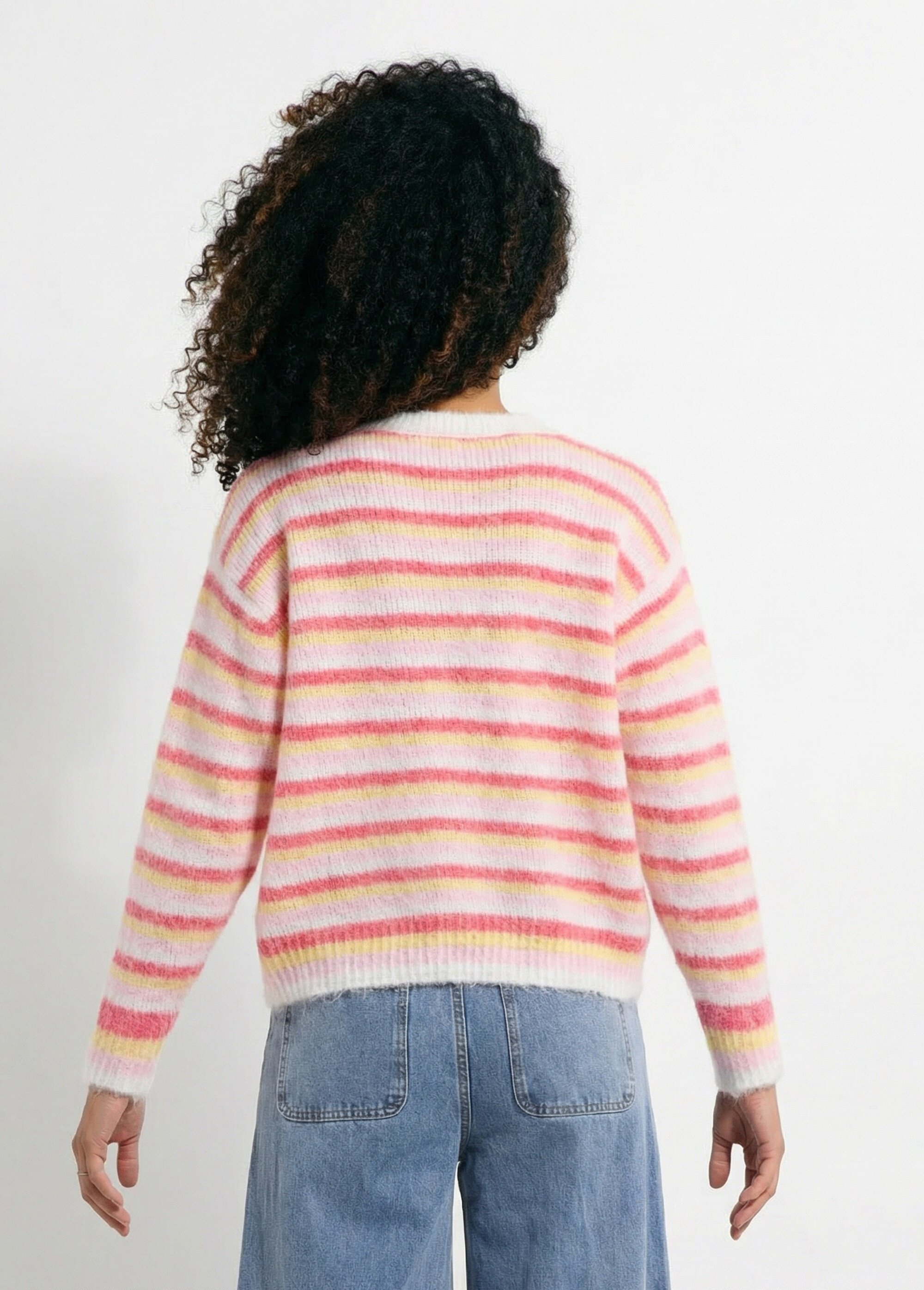 Pull duveteux col rond, rayures pastel