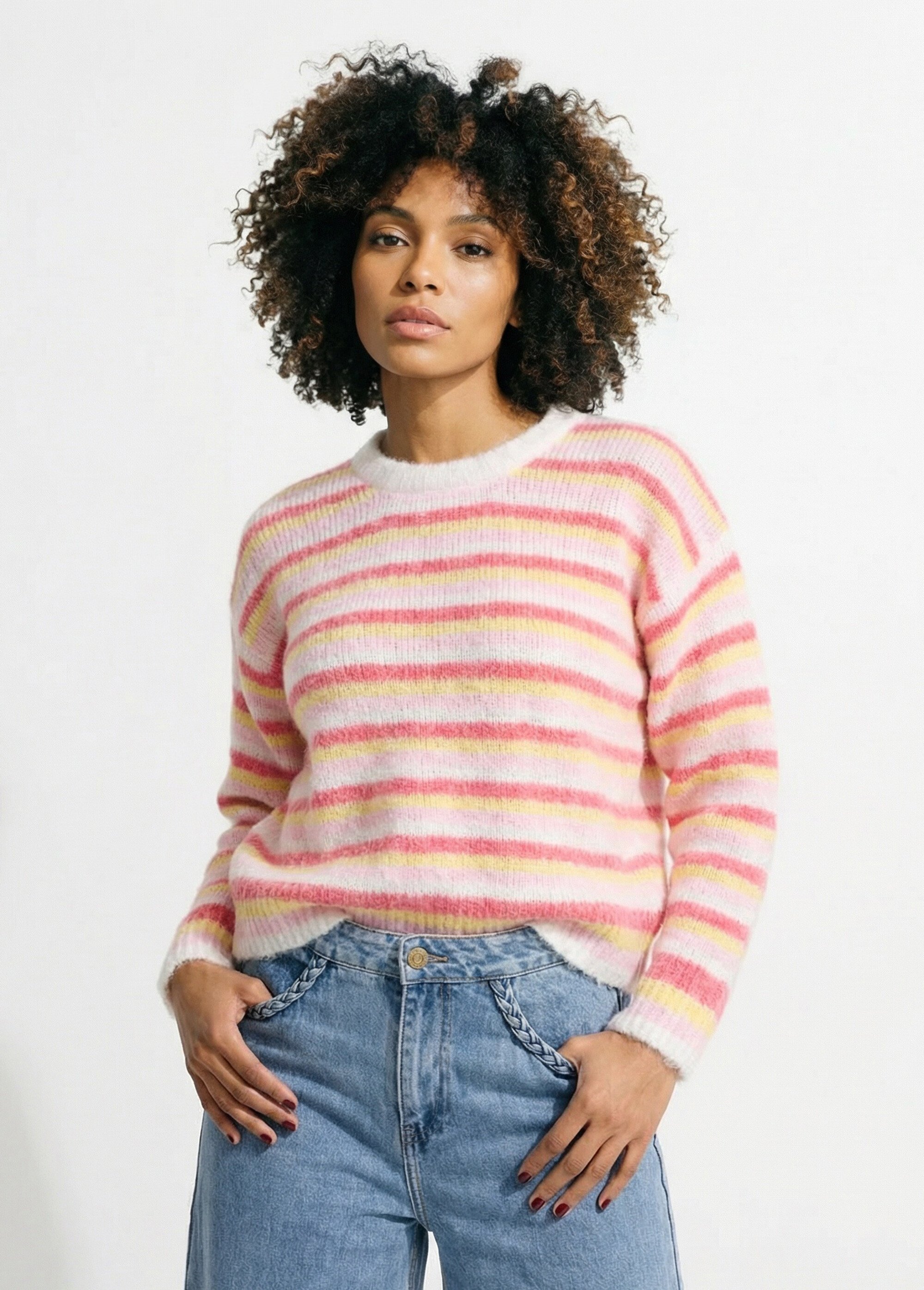 Pull duveteux col rond, rayures pastel Femme Rose JS-JP-8396 FA1