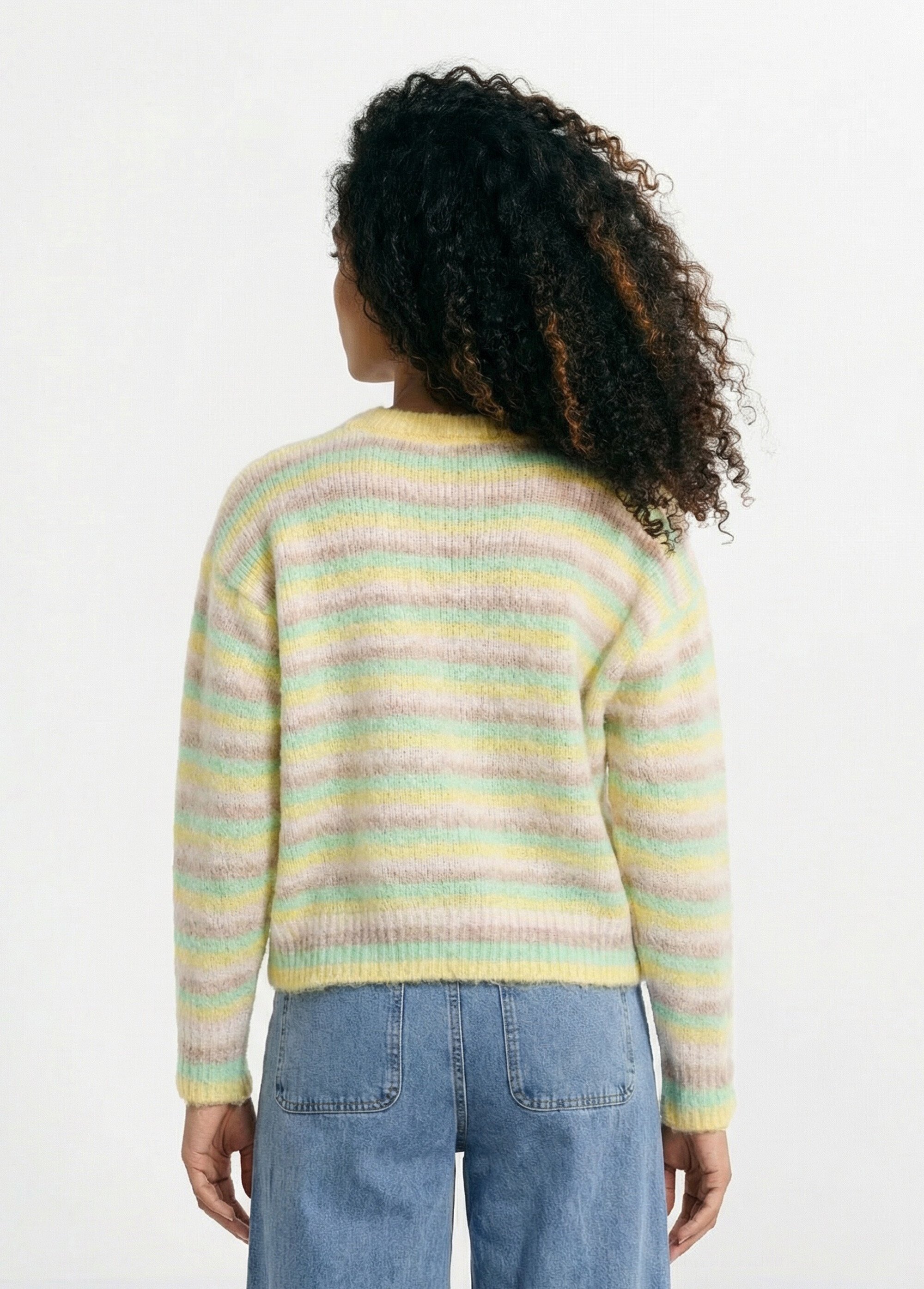 Pull duveteux col rond, rayures pastel Femme Jaune JS-JP-8396 DO1